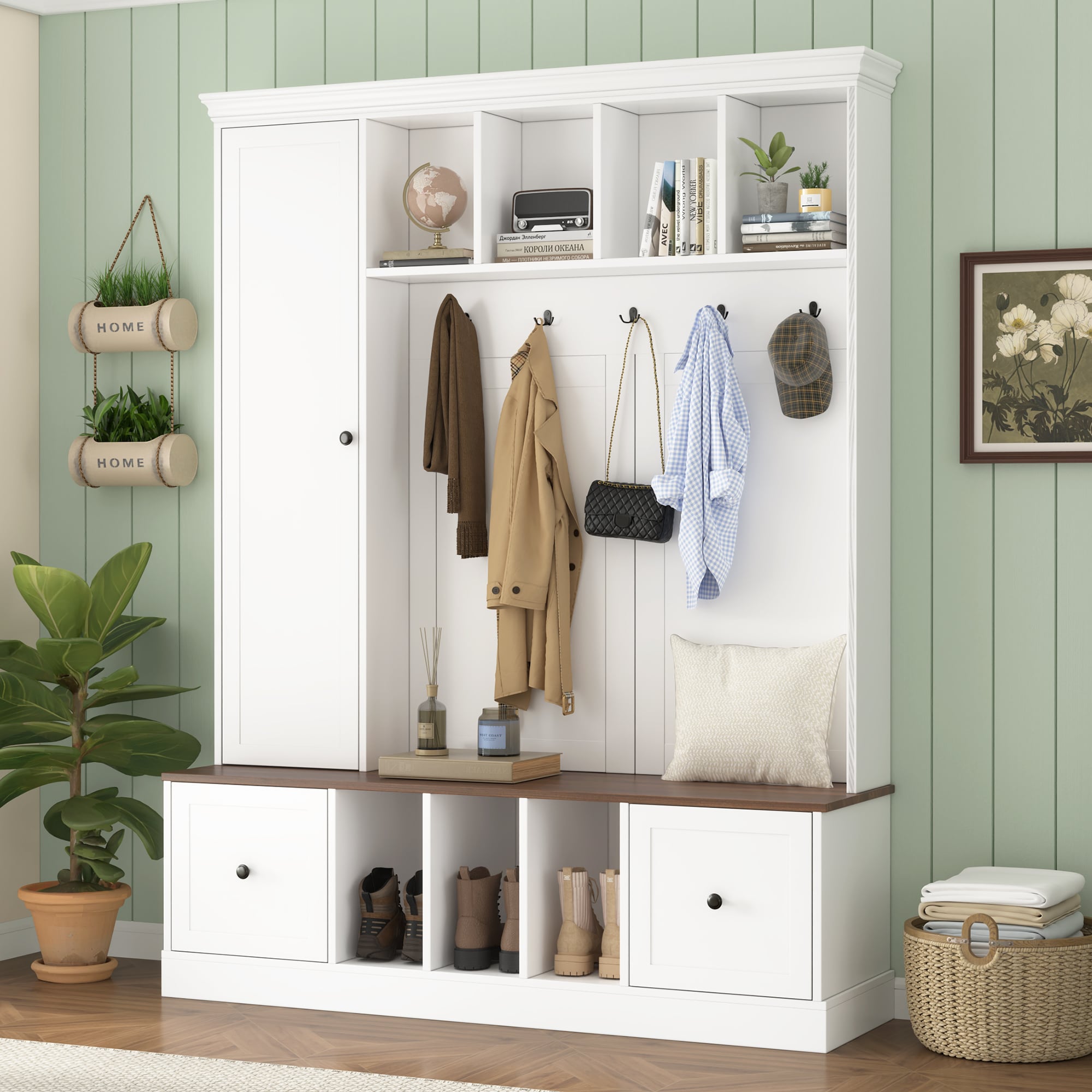 ModernLuxe Assembly Required 62.2INCHW Farmhouse Hall Tree with Shoe Storage Bench Entryway Coat Rack with 5 Hooks Adjustable Shelf Cabinet with Drawers for Hallway Entryway Living Room