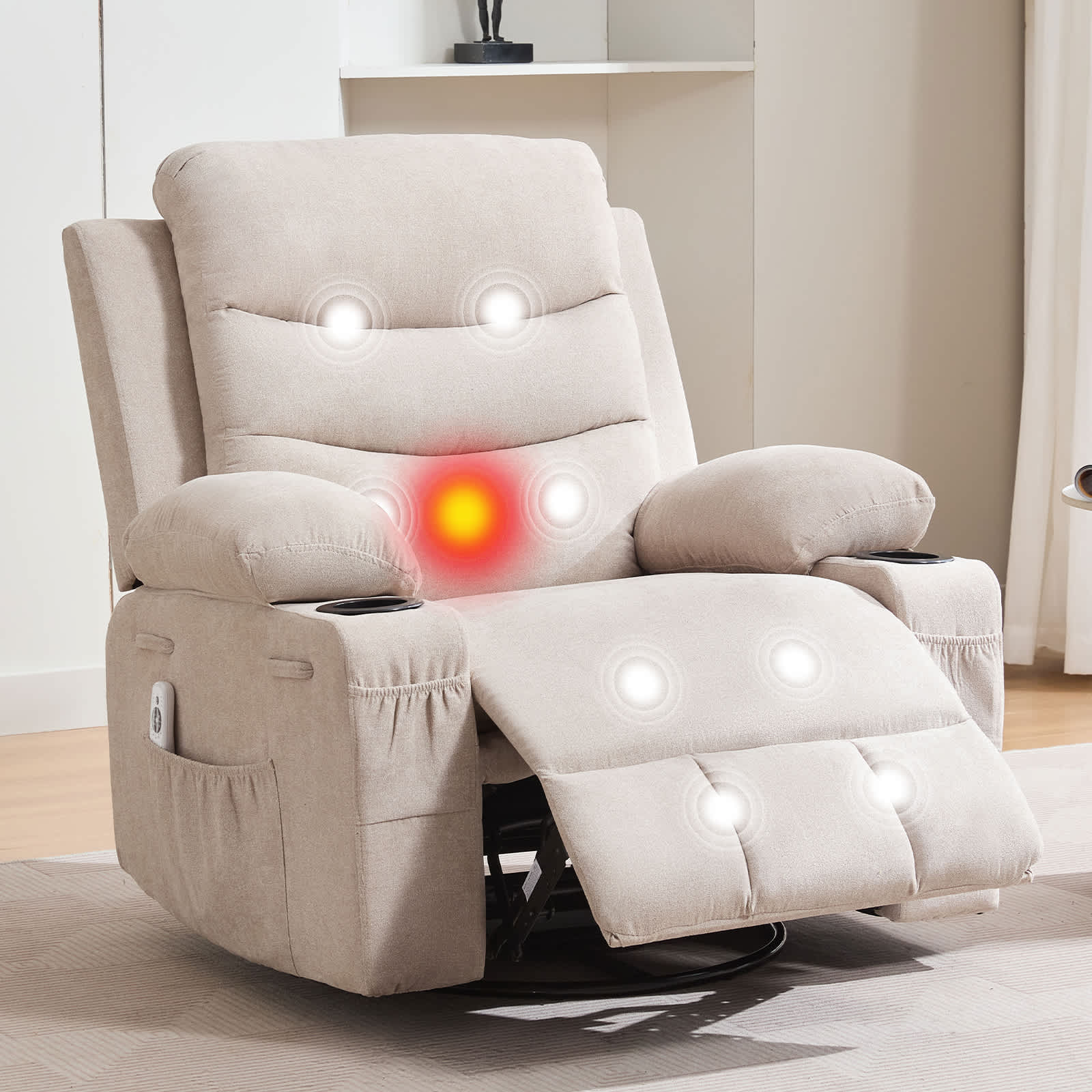 Qeetex SUN-PHK-34BYP5C5 Swivel Rocker Recliner Chair with Massage and Heat Oversized Reclining Sofa with 360° Swivel Side