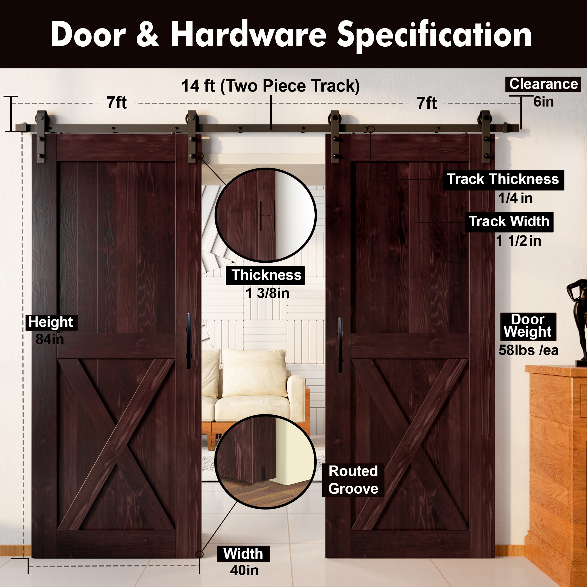 HOMACER YT2TGH168C-4084-X-RD Barn-Doors - View #7