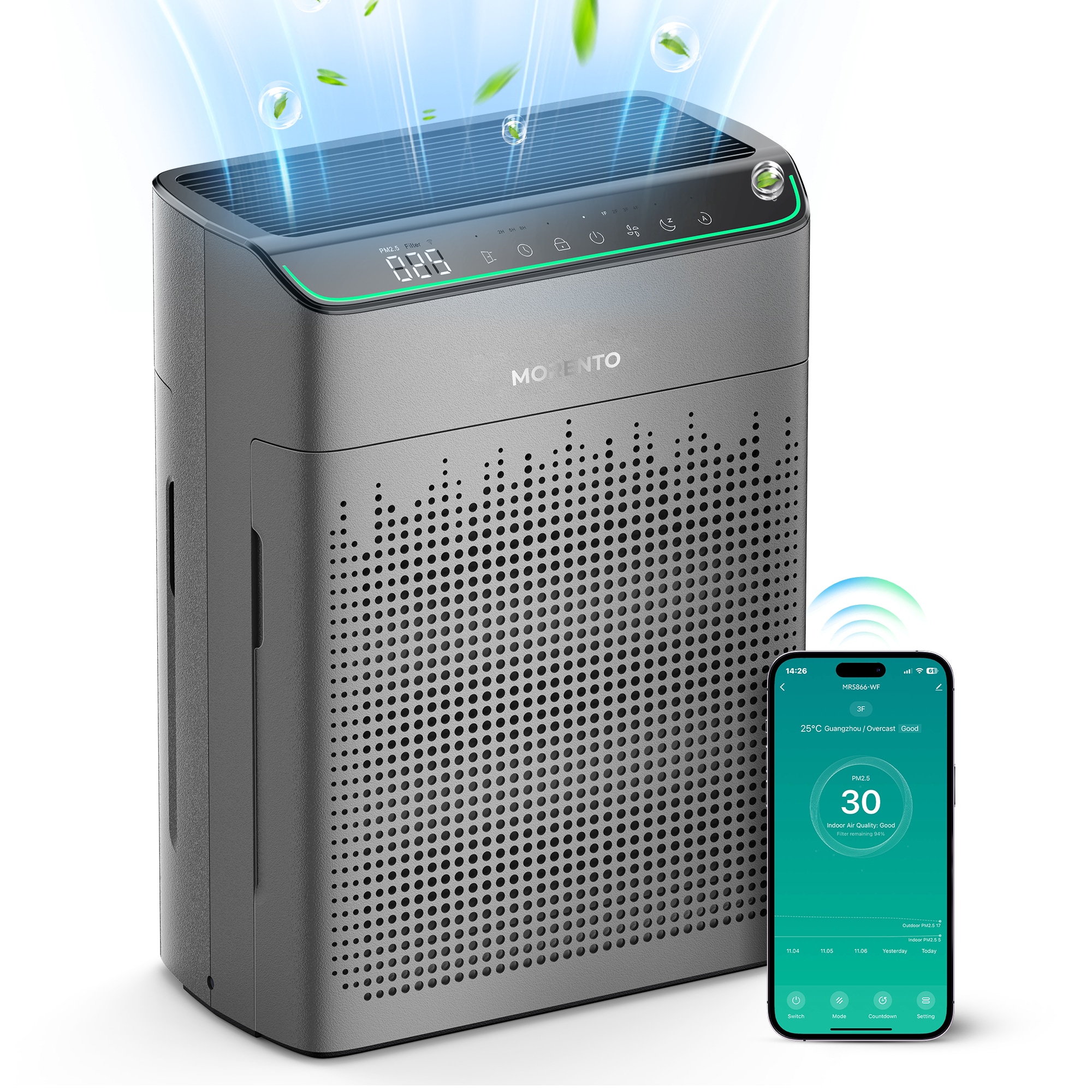 MORENTO MRUS5866GY01P 3 -Speed Smart Compatible Grey HEPA Air Purifier (Covers: 1690-sq ft )