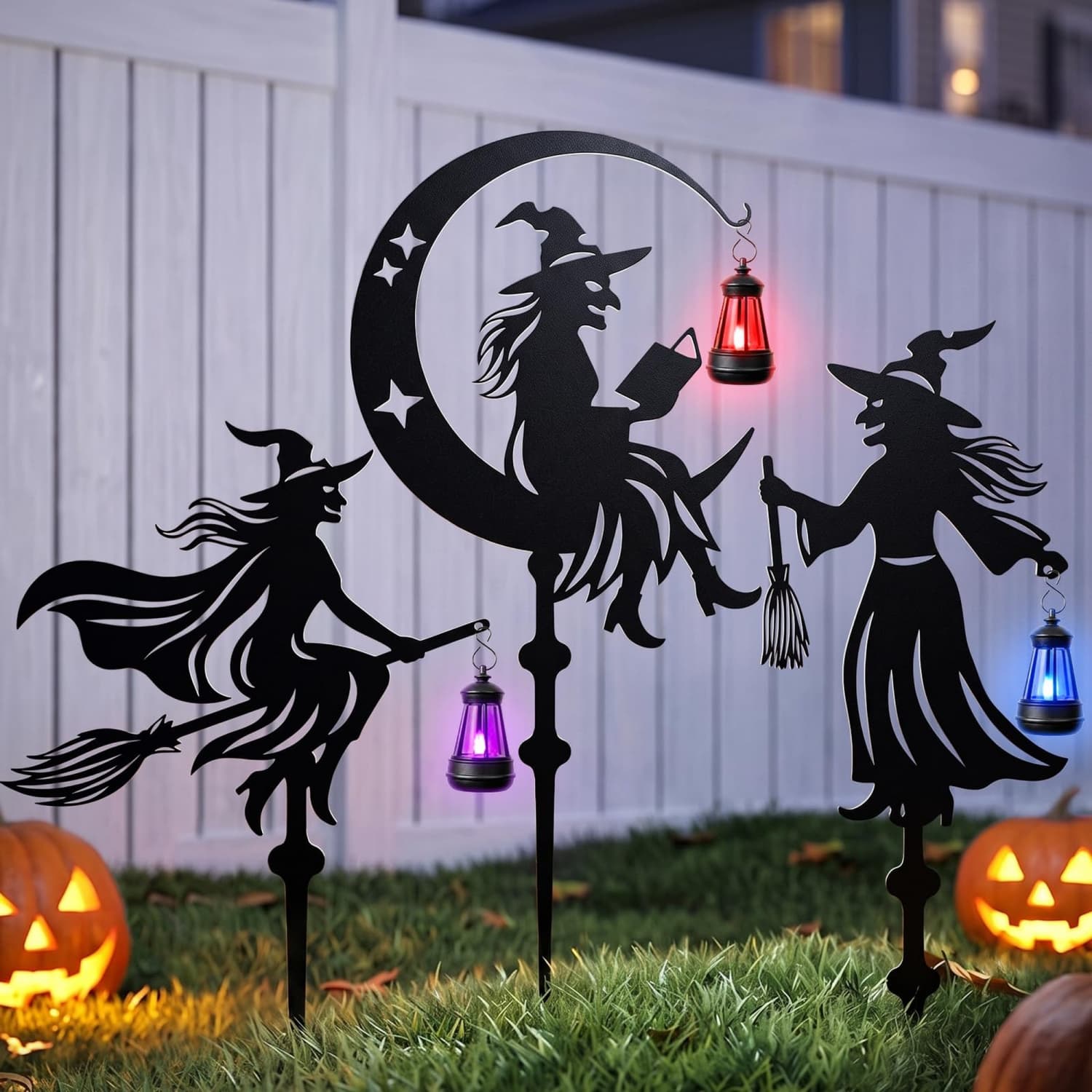 OGETFUUR 3-Pack Black Metal Witch Yard Stakes with Solar Lanterns for Garden Lawn Yard