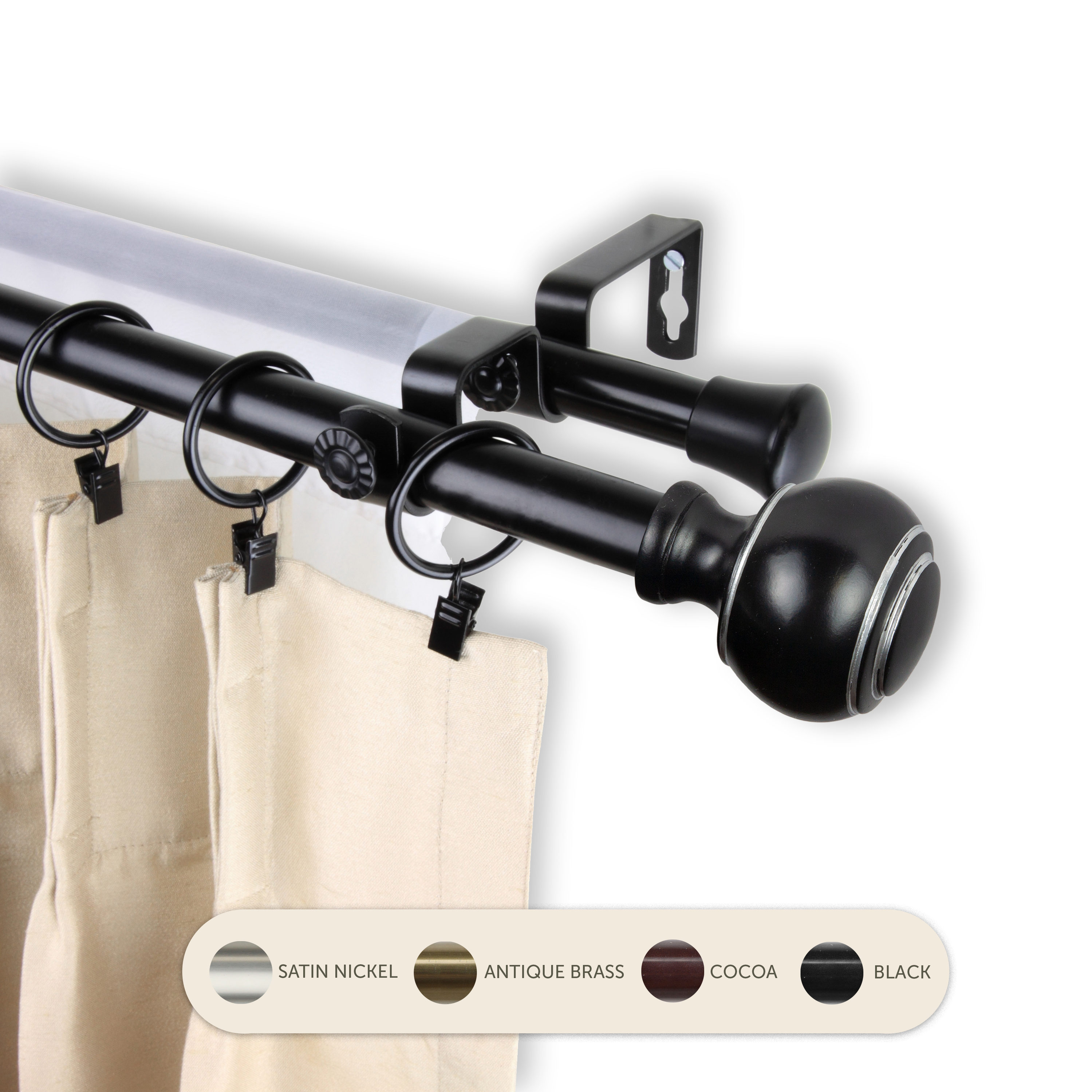 Hart & Harlow L-4798-992 Jaxon 13/16-in 120-in to 170-in Black Steel Double curtain rod with Finials