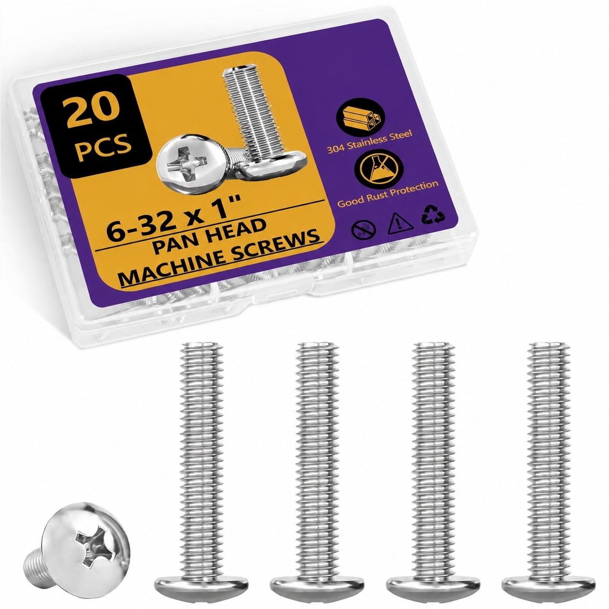 Phyfalip  6-32 x 1 Machine Screws Phillips Pan Head 304 Stainless Steel 20 Pieces for Switch Plate Cabinet Door and Drawer Mounting