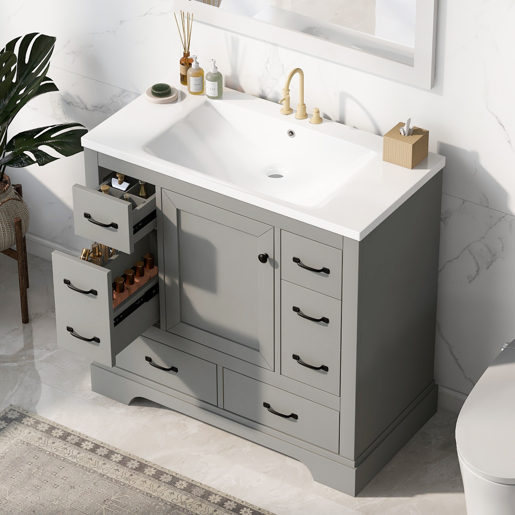 MooxvMoo 36-in Bathroom Vanity with Sink Six Drawers Adjustable Shelf and Drawer Divider for Bathroom Home (Grey)
