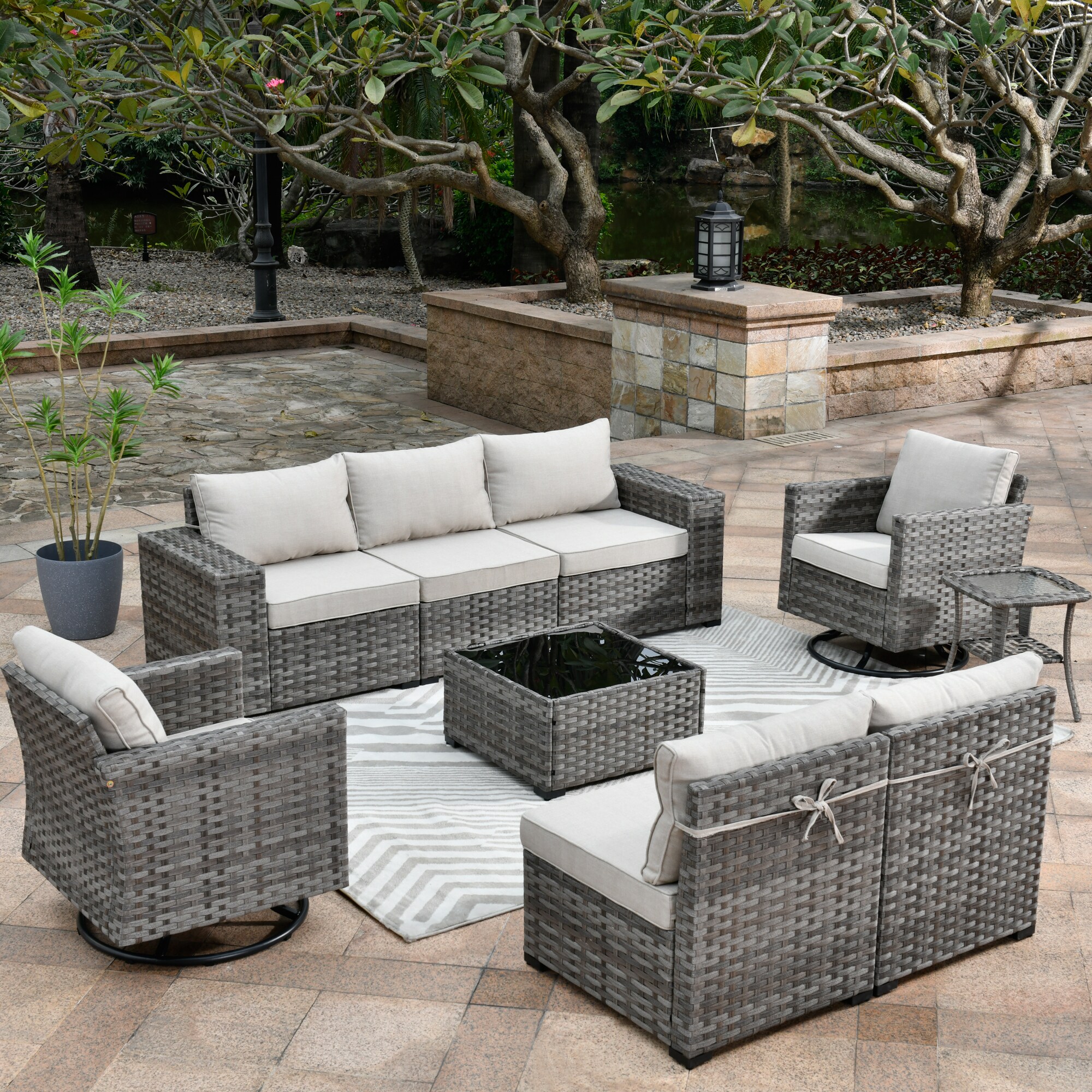 Pouuin 9-Piece Rattan Patio Conversation Set with Off-white Cushions in ...