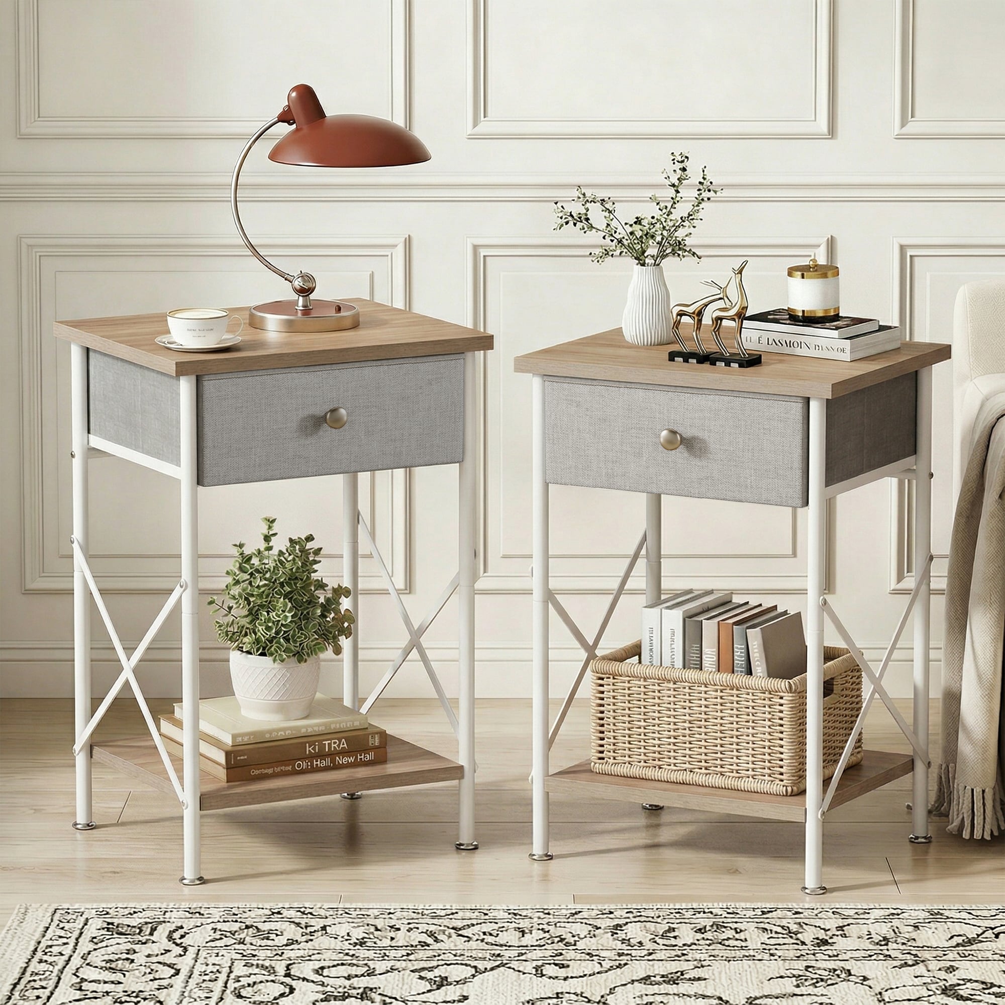 Vecelo Set of 2 Metal Frame Nightstand End Table with Wooden Top Fabric Drawer and Shelf Bedroom Adjustable Metal Feet for Living Room Bedroom Light Brown