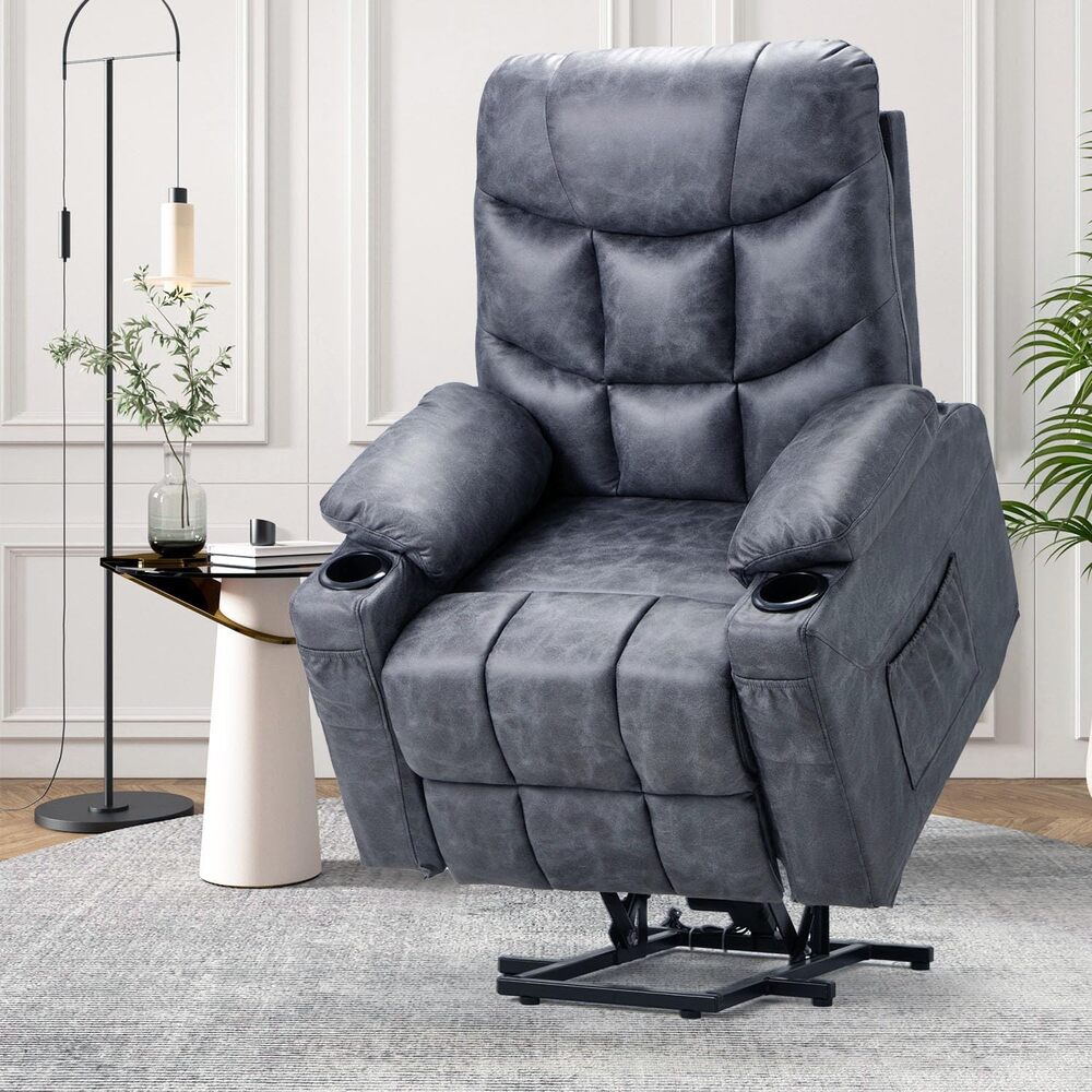 AECOJOY 13012GB-LS01 Dark Blue Grey Leather Upholstered Powered Reclining Recliner with Lift Assistance