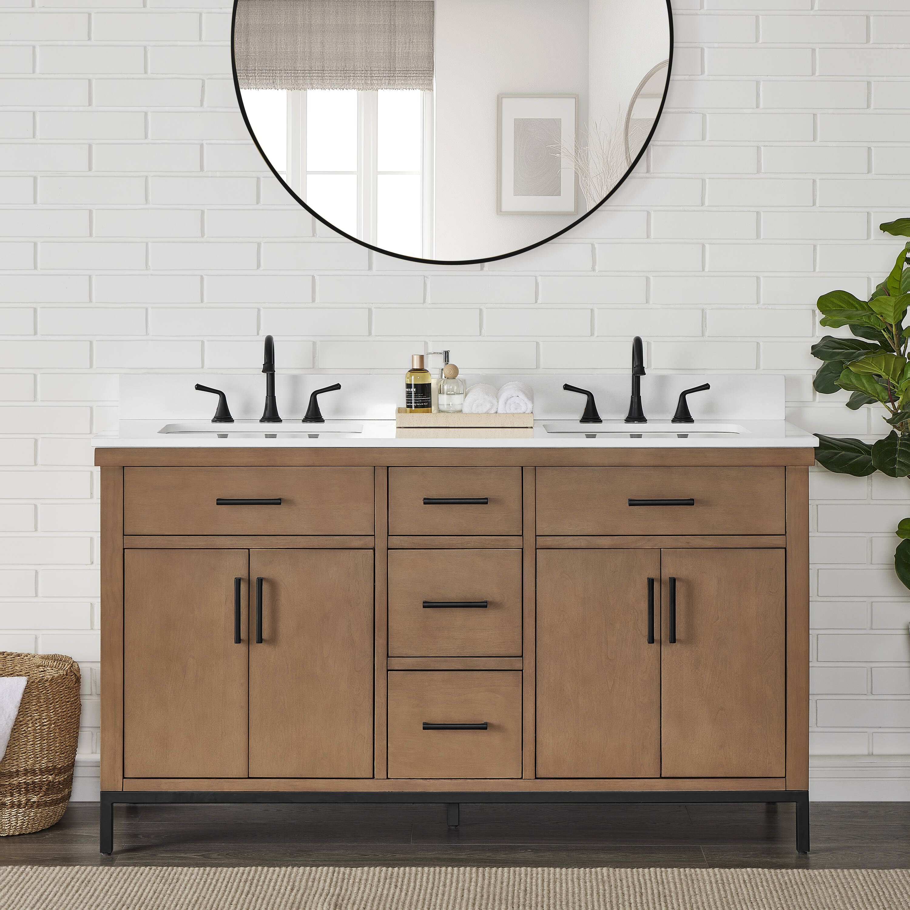Runfine RF110444 60-in Gunny Undermount Double Sink Bathroom Vanity with Pure White Engineered Stone Top