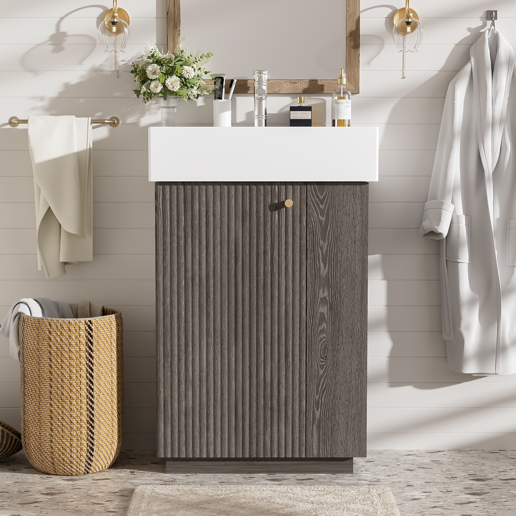 LUXEYARD 21.6 inch bathroom vanity with ceramic sink freestanding modern left door wood grain cabinet with open and closed storage