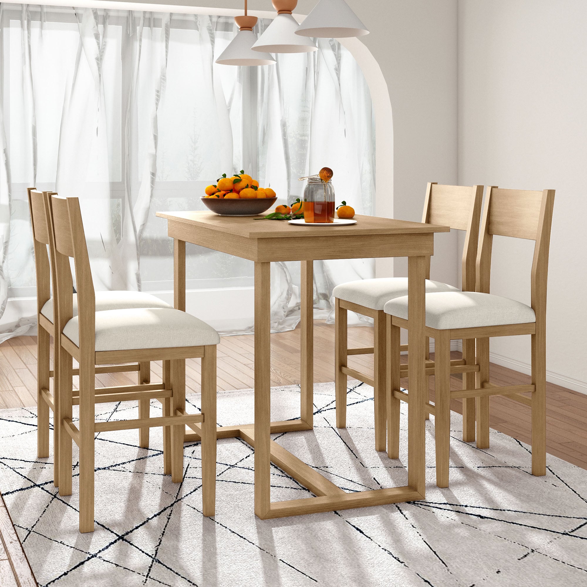 ModernLuxe SP000230AAD Farmhouse Counter Height 5 Piece Dining Table Set with 1 Rectangular Dining Table and 4 Dining Chairs for Small Places Brown
