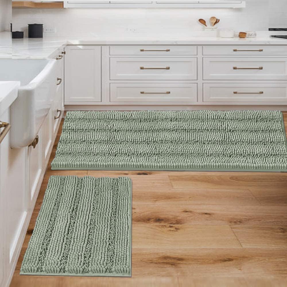 H.Versailtex  2Pack Sage Chenille Bath Rug Set ExtraThick Striped Shaggy Bath Mats with NonSlip Backing
