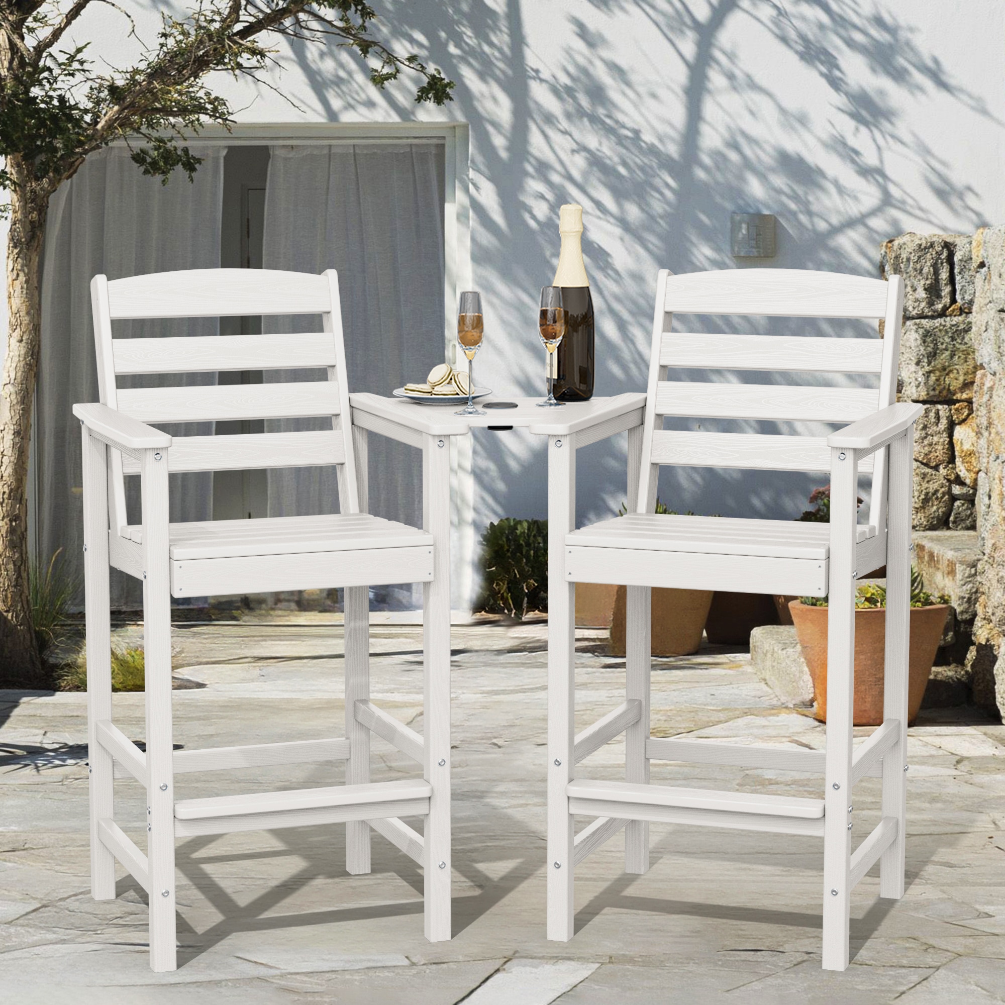 JEAREY GYCY-LG Tall Bar Chairs Set for Two with Detachable Connecting Tray Set of 2 White HDPE Frame Stationary Adirondack Chair with Slat Seat