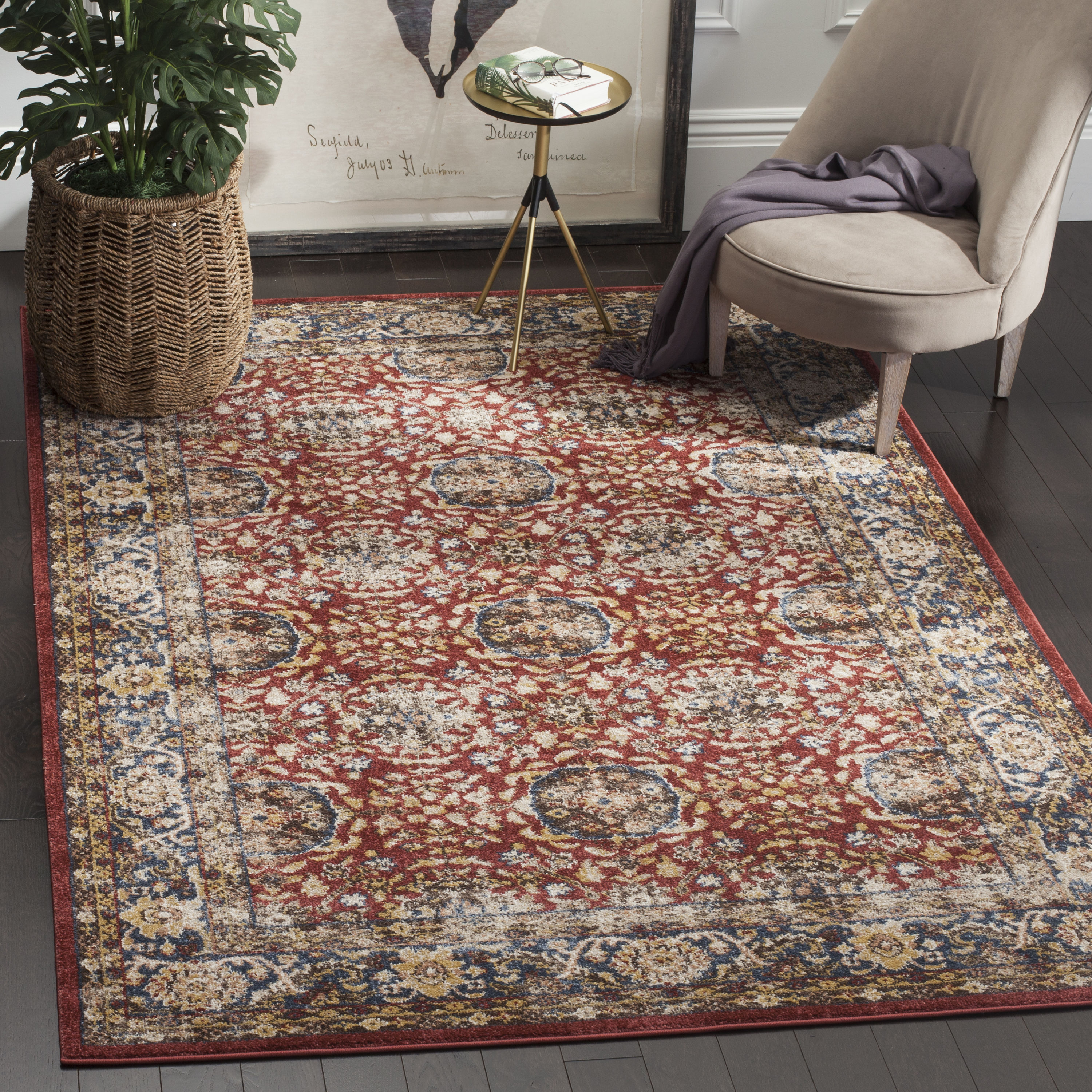 Bijar Red and Royal Floral Motif Synthetic Area Rug