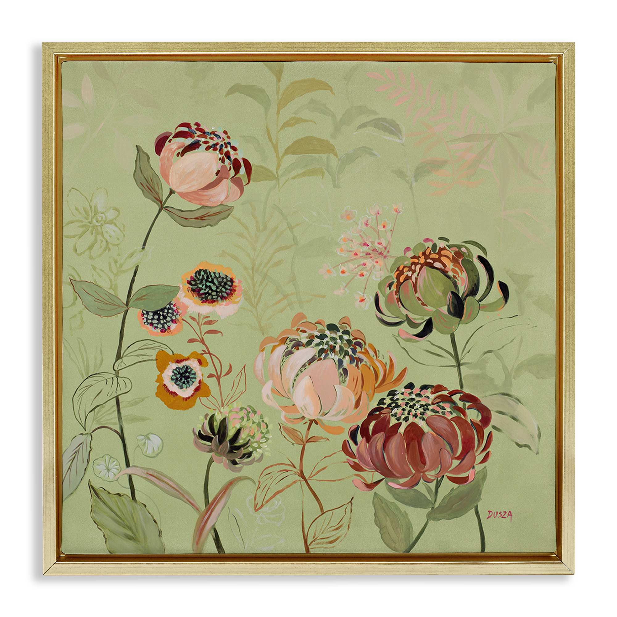 Stupell Industries BS-799-FFG-24X24 Curled Chrysanthemums on Green Gold Framed Floater Canvas Wall Art By Dusza 25 x 25