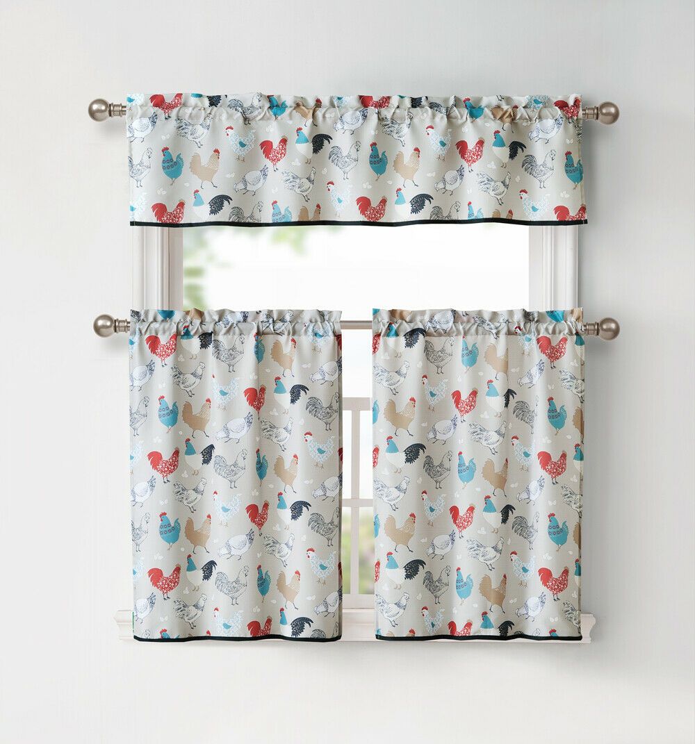 Multi Rooster Complete 3 Pc Kitchen Curtain Tier and Valance Set Neutral Background