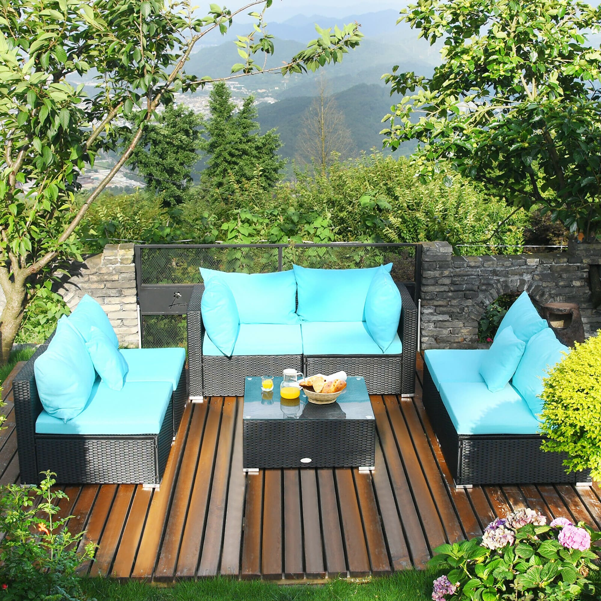 BABOOM 7-Piece Wicker 2 Patio Sofa Conversation Set With Blue Cushions ...