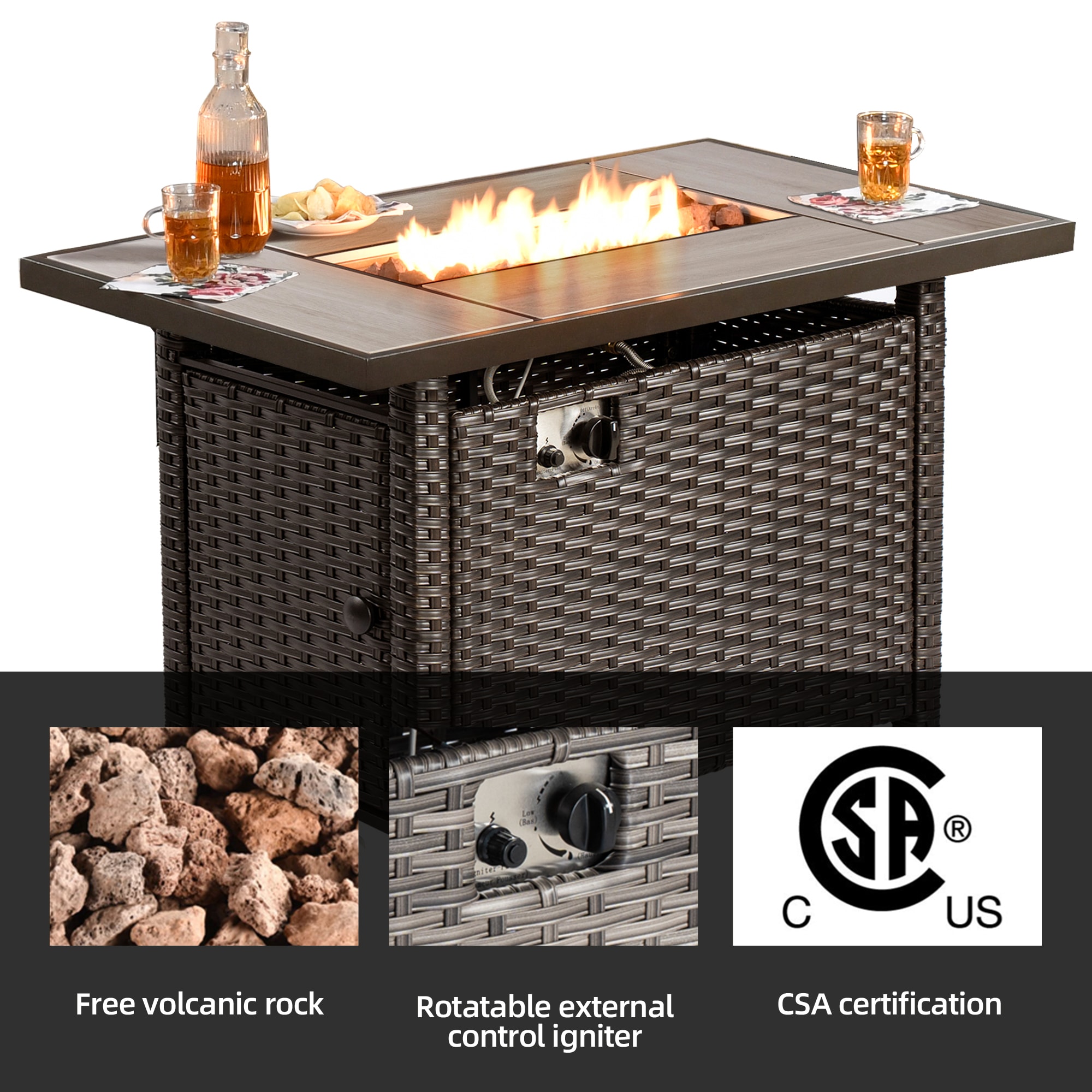 Ovios 42.12-in W Brown Rattan Steel Rectangle Tabletop Propane Gas Fire 