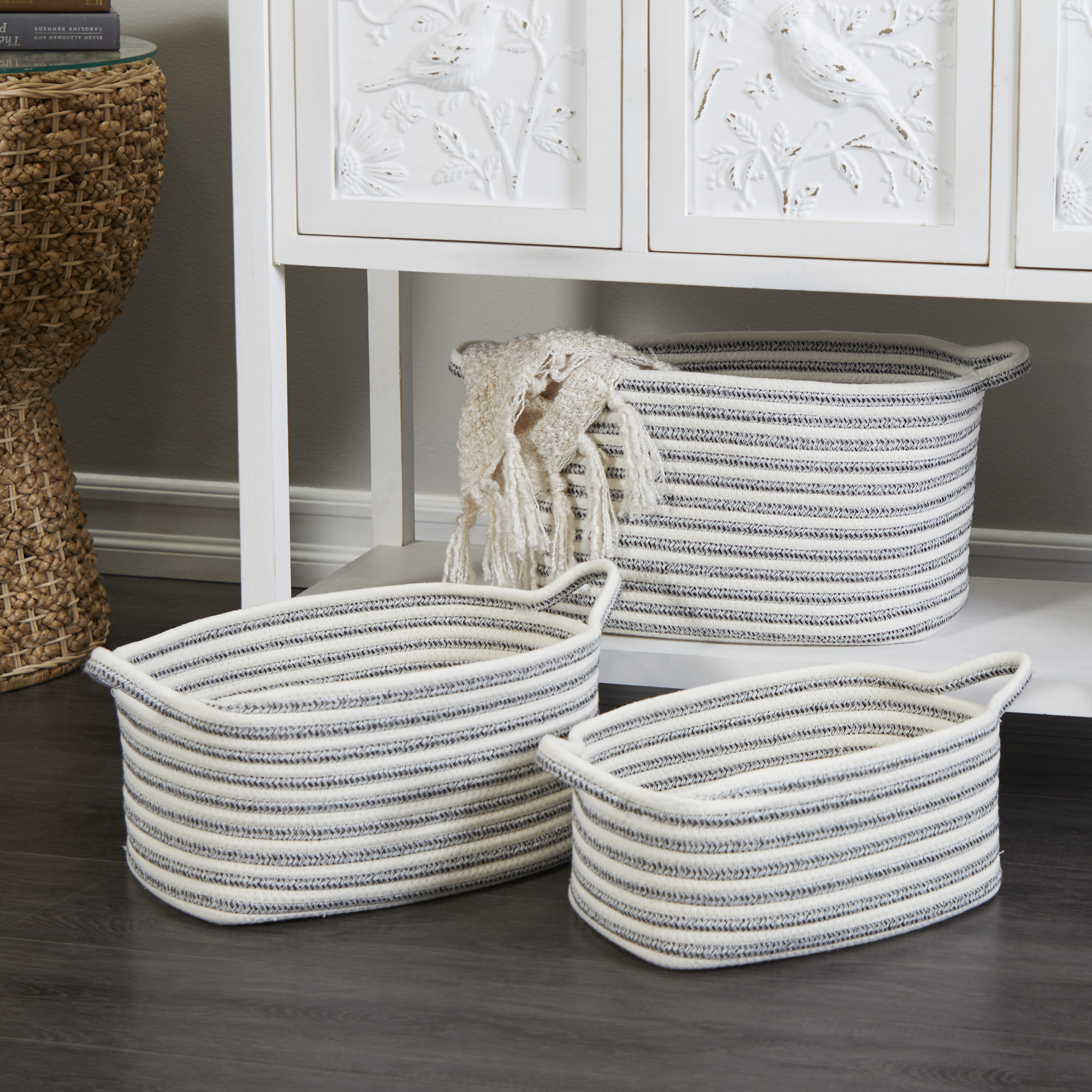 Grayson Lane 30262 3 -Pack ( 12-in W x 10-in H x 19.7-in D ) Gray Handmade with Handles Cotton Stackable Basket