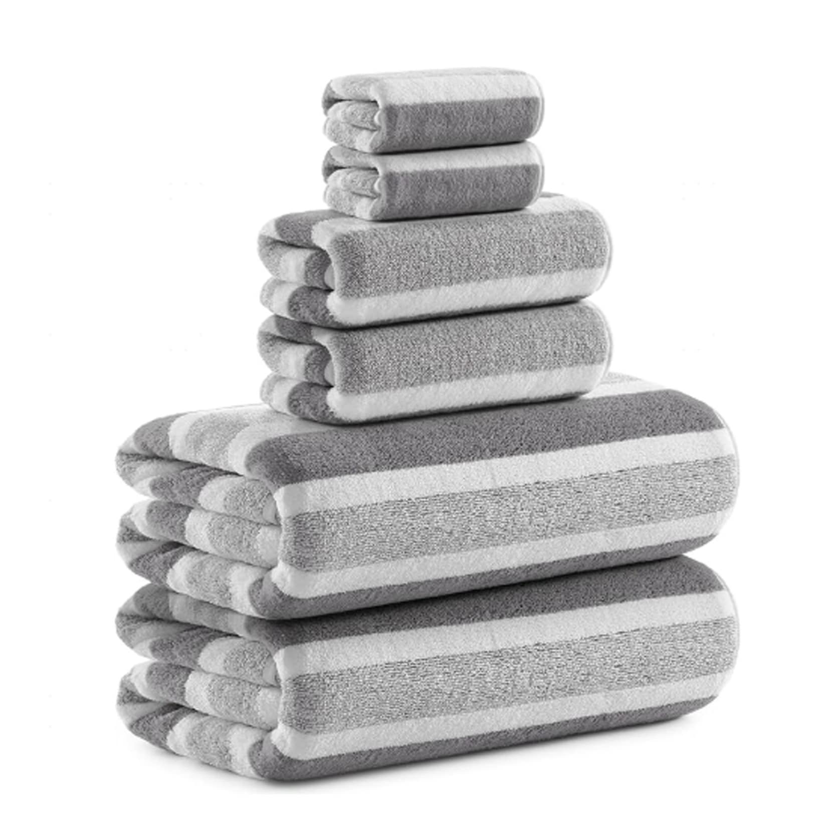 GAOMON 6 Pack Microfiber Striped Towel Sets- Multi-Size 34x35cm- 40x80cm- 80x170cm Ultra Soft Quick Dry Absorbent Towels- Gray and White Striped