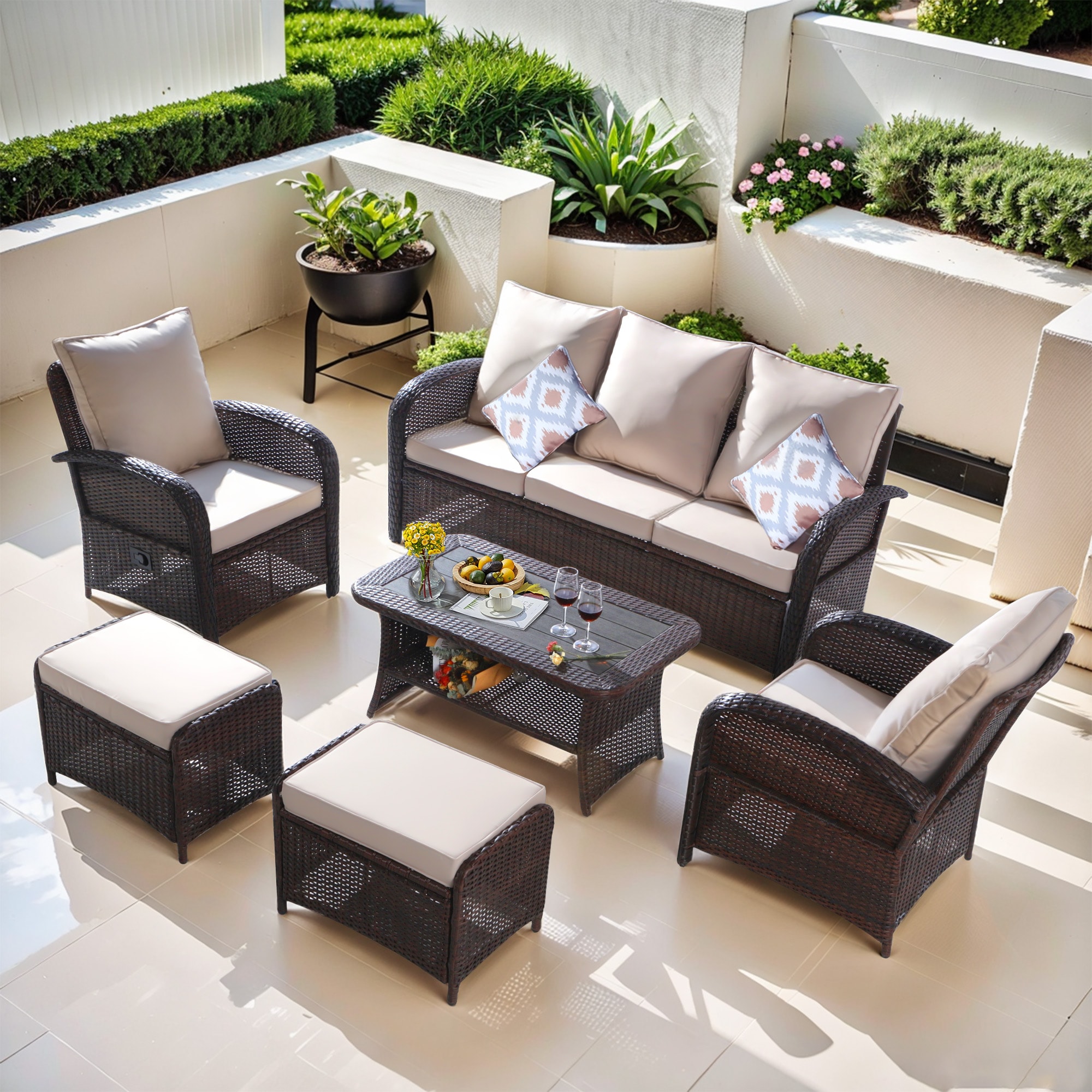 NOBLEMOOD LS-2032KH Patio Conversation Sets 6 -Piece Rattan Patio Sofa Conversation Set with Beige Cushions
