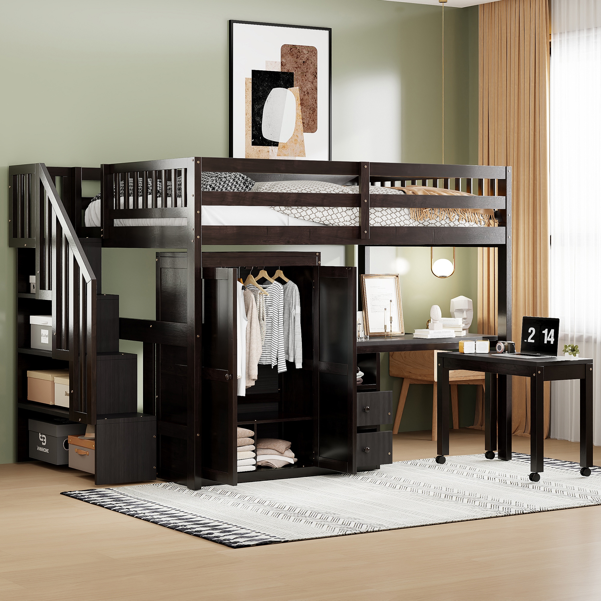 ModernLuxe N708S00014P Full Size Loft Bed with Stairs Bookshelf Drawers Desk  Wardrobe – SpaceSaving Multifunctional Furniture for Kids  TeensEspresso