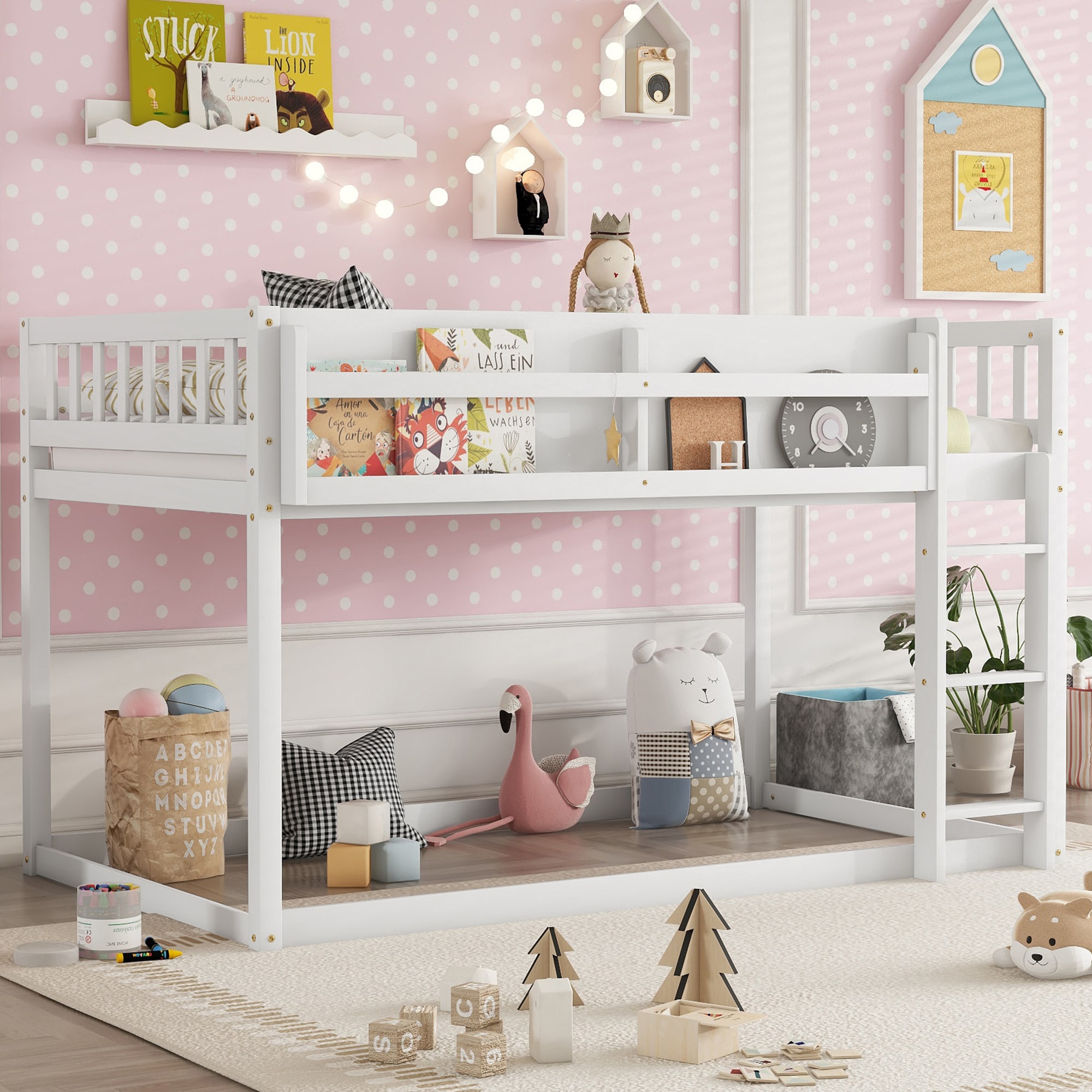 LOVMOR Twin Size Floor Bed with Fence without Door Rubber Wood Floor ...