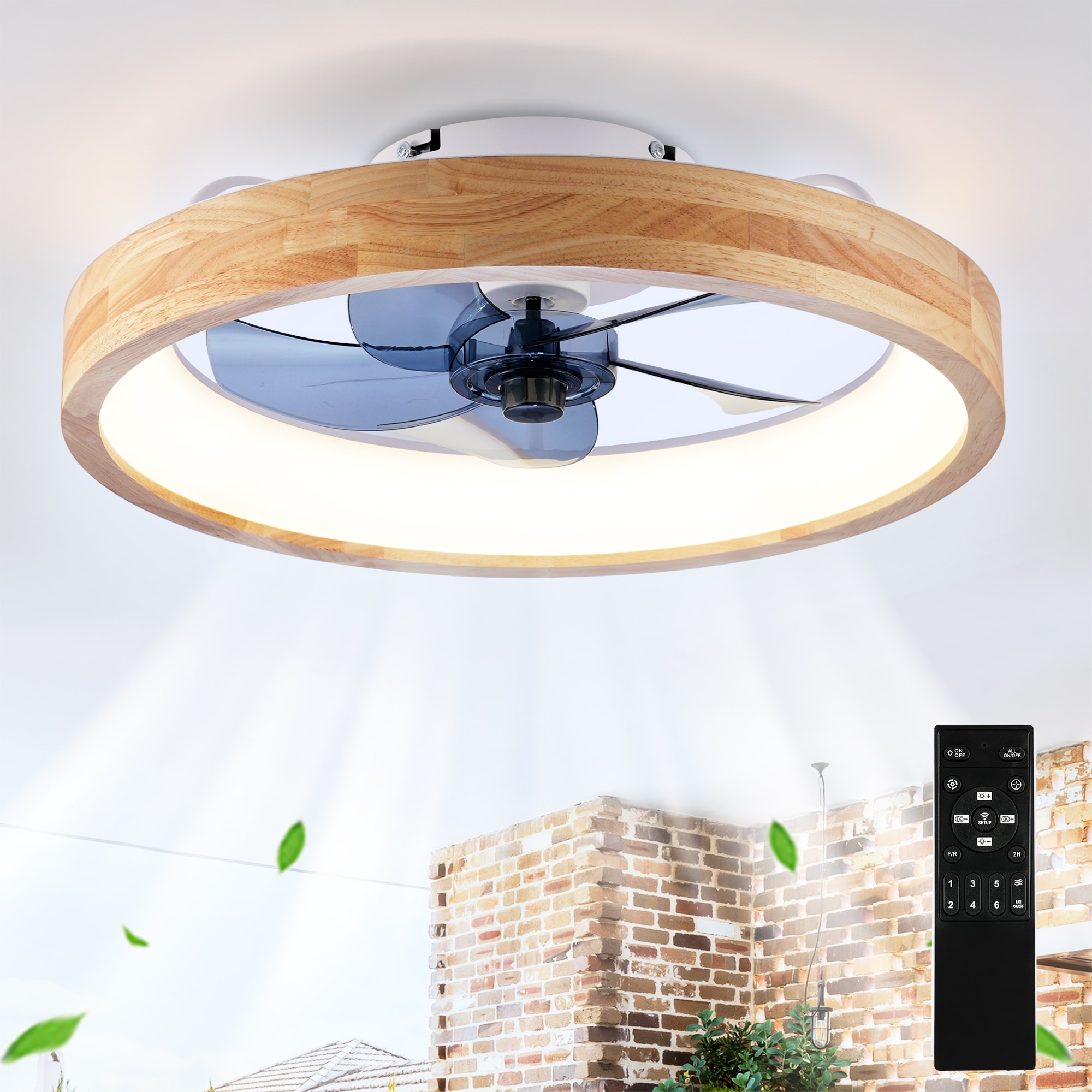 YOTOO 19 7 Inch Flush Mount Ceiling Fan with Light Natural Wood Grain Frame 6 Speed Reversible DC Motor Remote Control 2 Hour Timer Natural Wind Mode Dimmable 3 Color LED Strip Light Acrylic Blades for Bedroom Kitchen Living Room