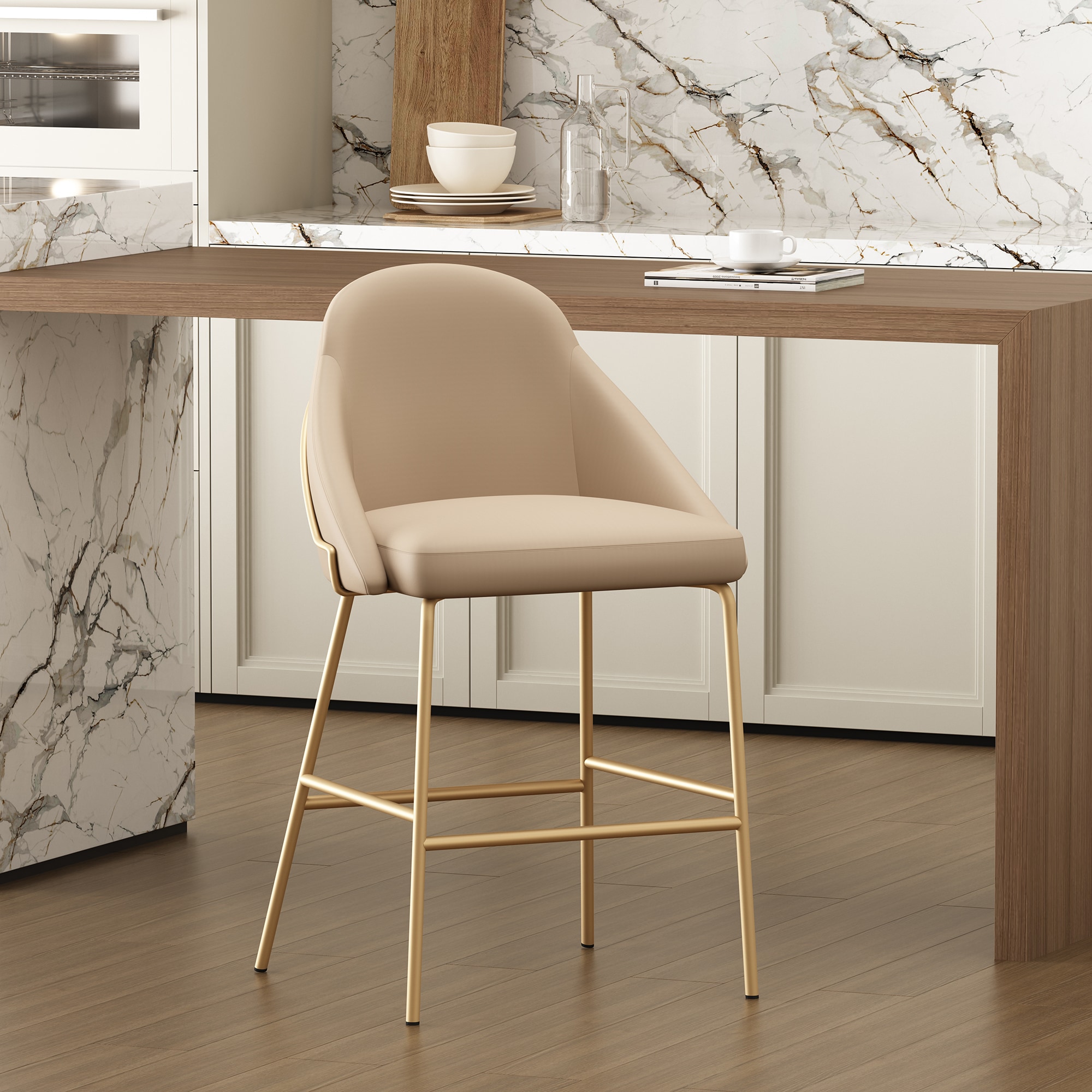 Manhattan Comfort CS019-GTN Gracie Tan and Gold 26-in H Counter height Square seat Upholstered Metal Bar Stool and Back