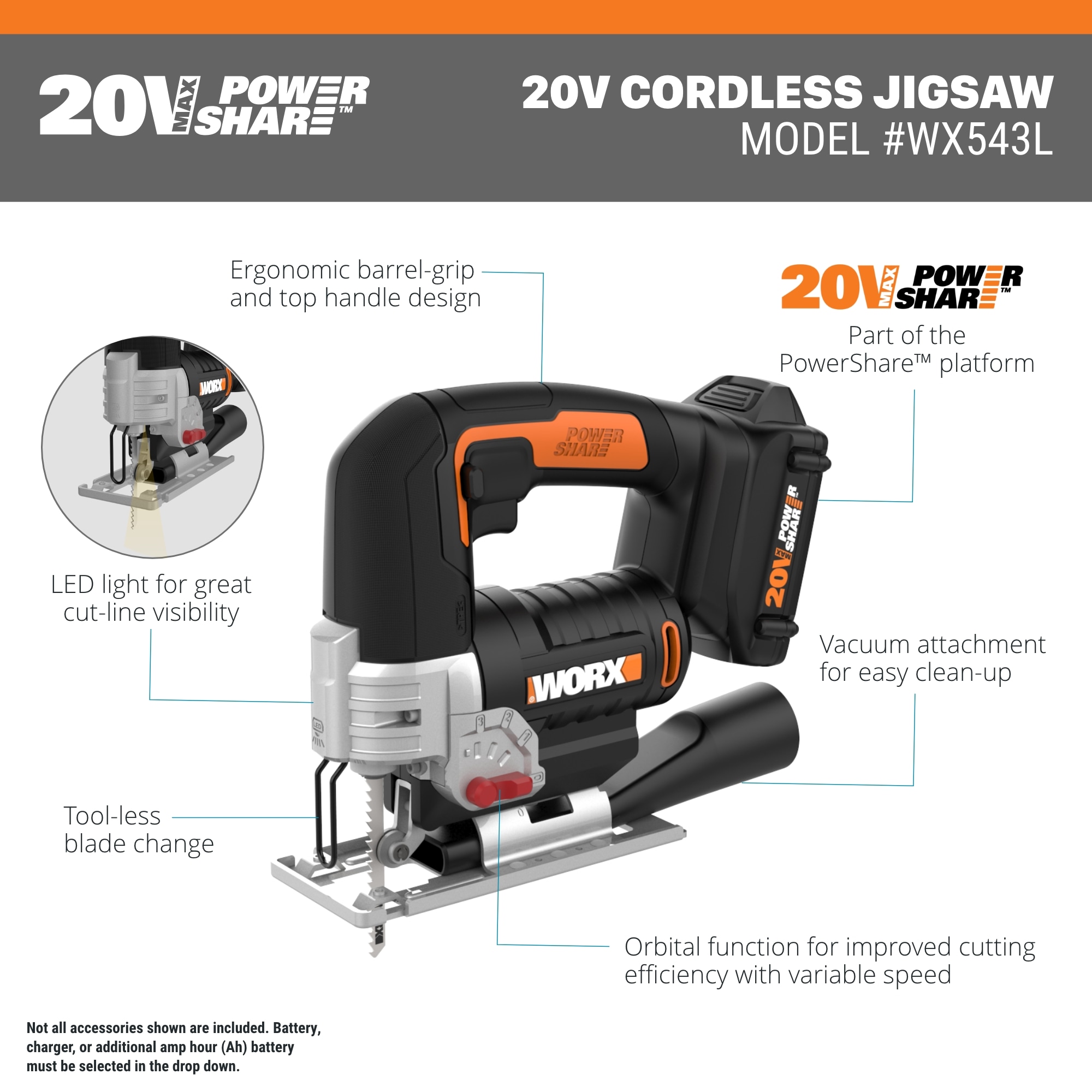 Worx Power Share 20V Cordless Jigsaw, Battery and Charger Included