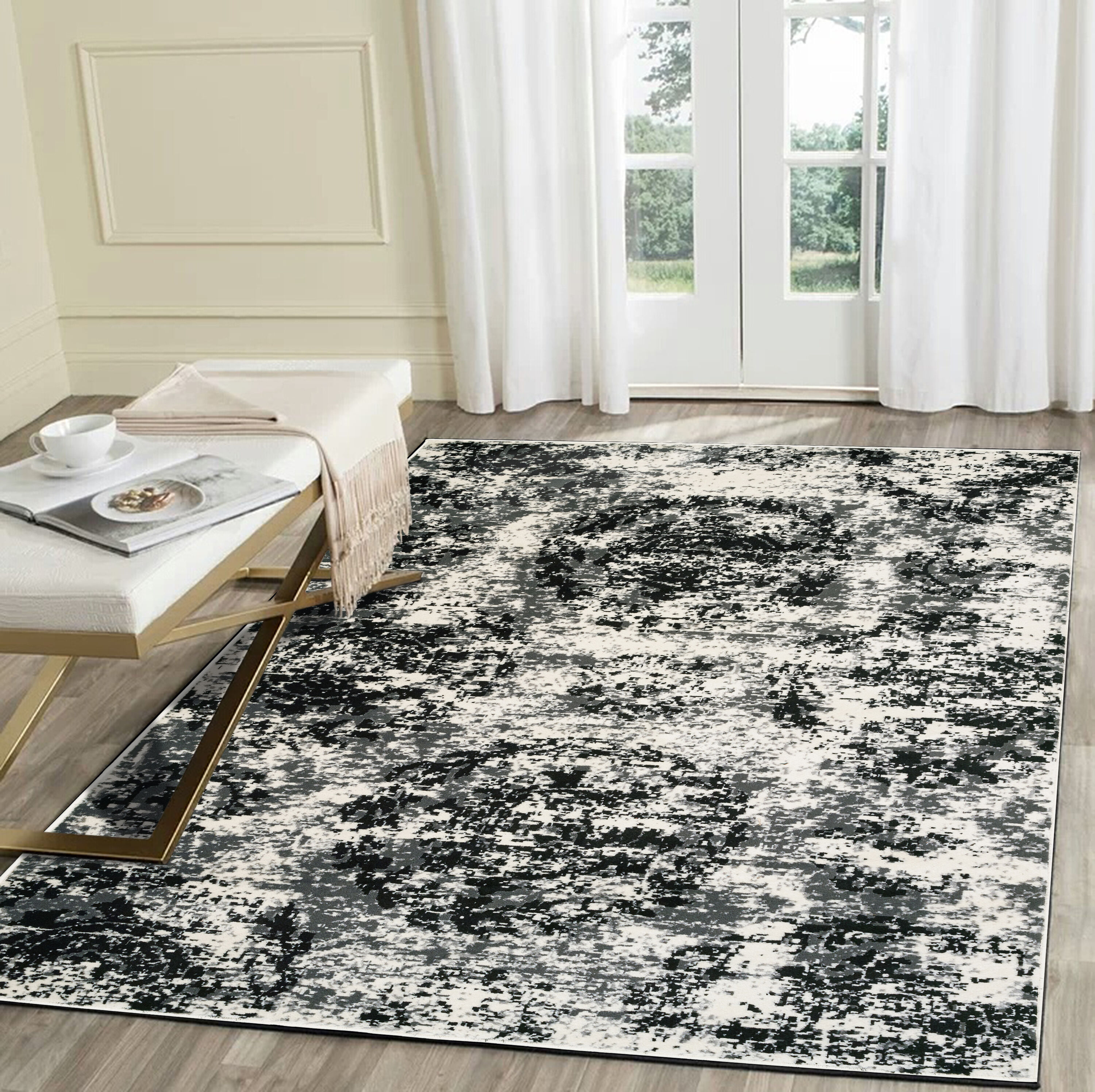 LR Home 8193A8984934J8 Myriad 8 x 10 (ft) Loomed Polypropylene White Black Rectangular Indoor Abstract Area rug