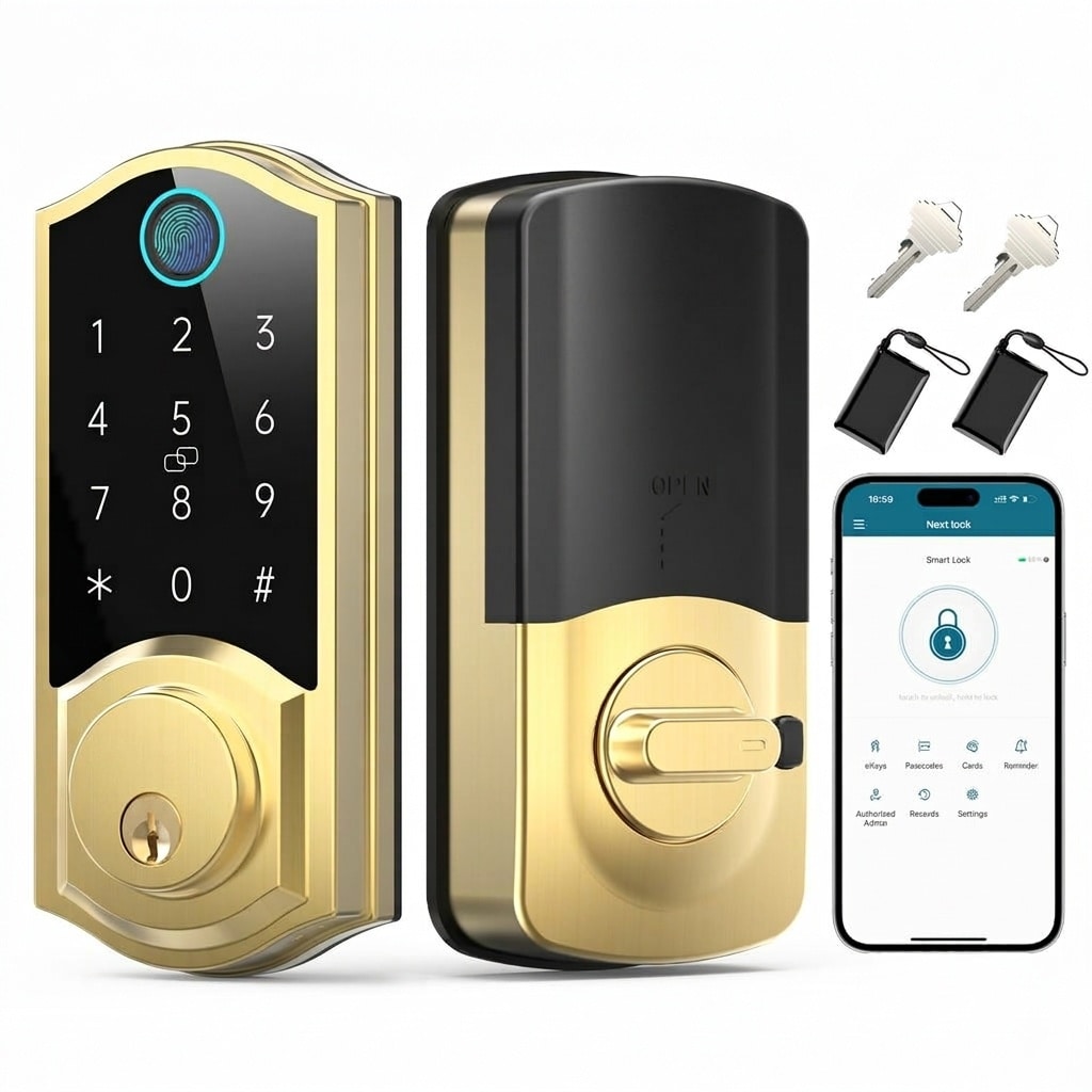 Phyfalip  Gold Smart Deadbolt Keyless Entry Door Lock 1 Piece Fingerprint IC Fobs Touchscreen Password Mechanical Key App Remote Control