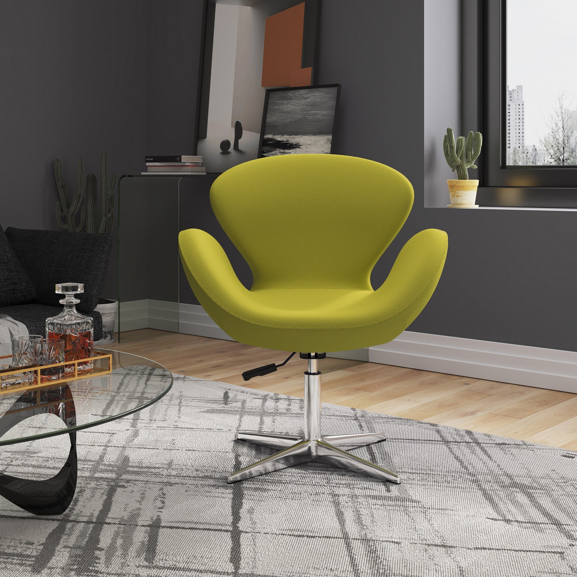 Manhattan Comfort 2-AC038-GR 2 Modern Green and Polished Chrome Wool Swivel Accent Chair