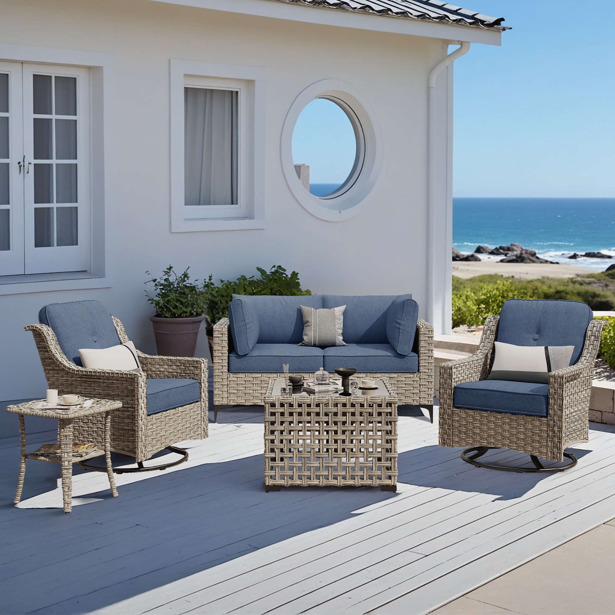 Pouuin SKT506 5 -Piece Wicker Patio Conversation Set with Blue Cushions
