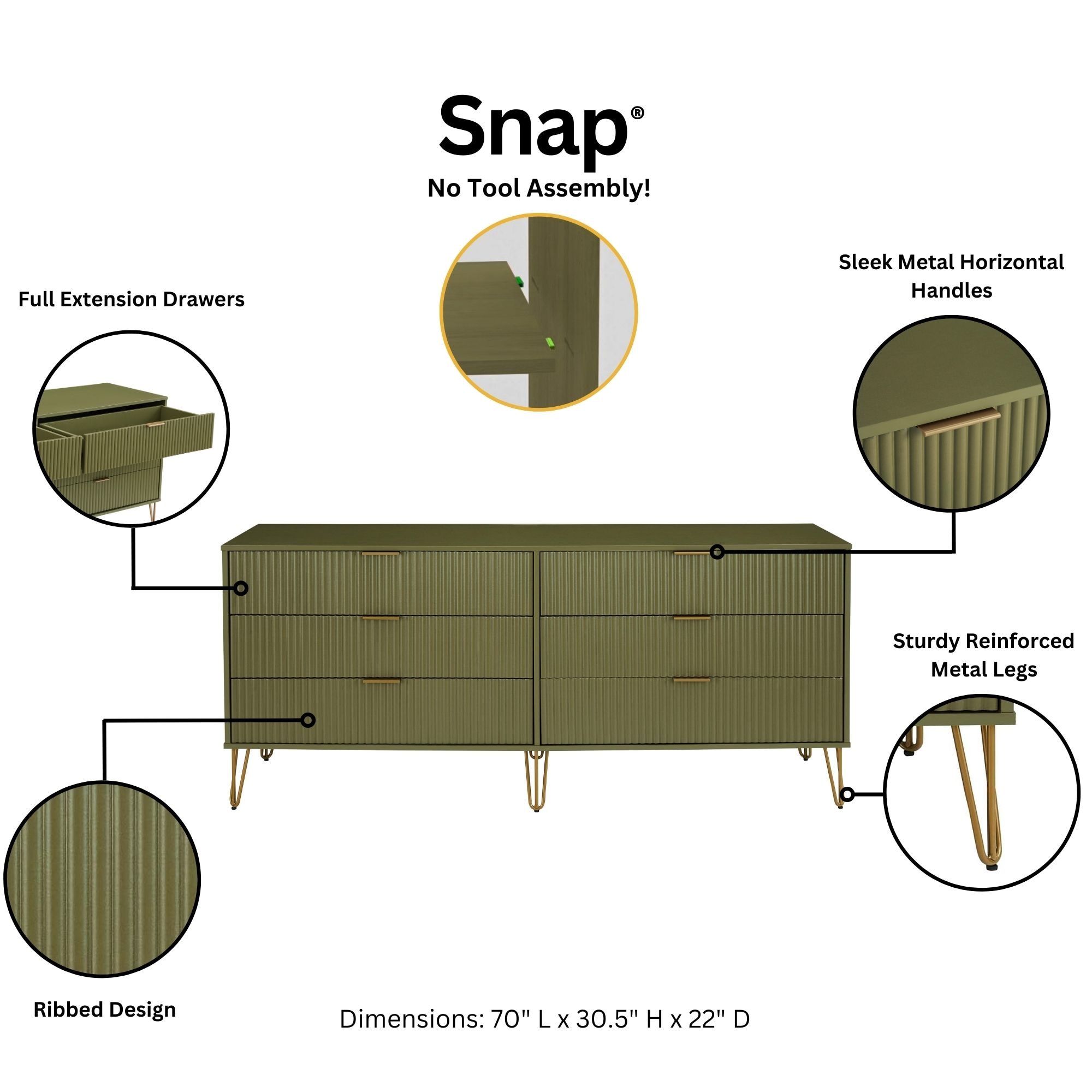 Olive Green Vertical Ribbed 6-Drawer Double Dresser with Soft Close