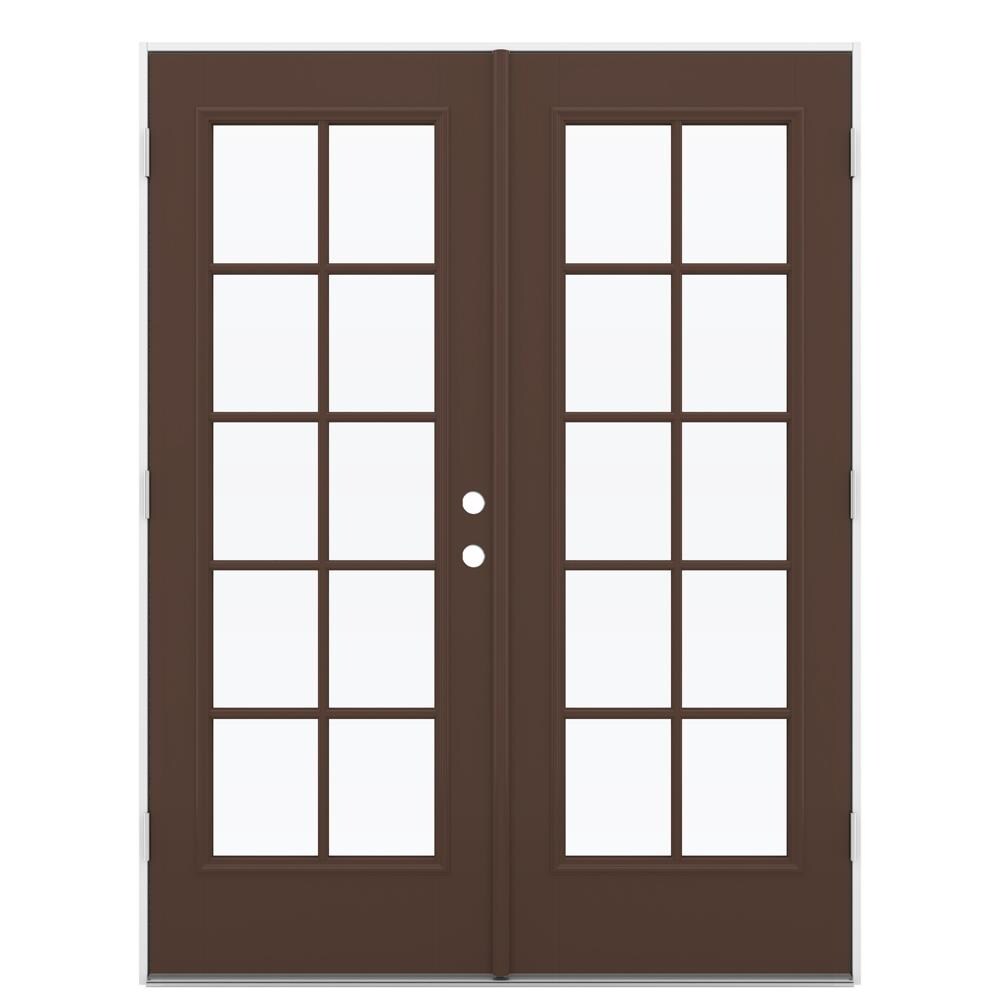 JELD-WEN 60-in x 80-in x 4-9/16-in Jamb Low-e Simulated Divided Light Chocolate Fiberglass French Right-Hand Outswing Double Patio Door in Brown -  LOWOLJW182300088