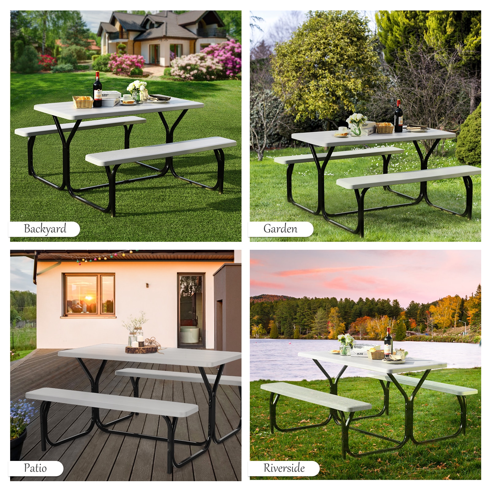 White Steel Frame Outdoor Picnic Table Bench Set