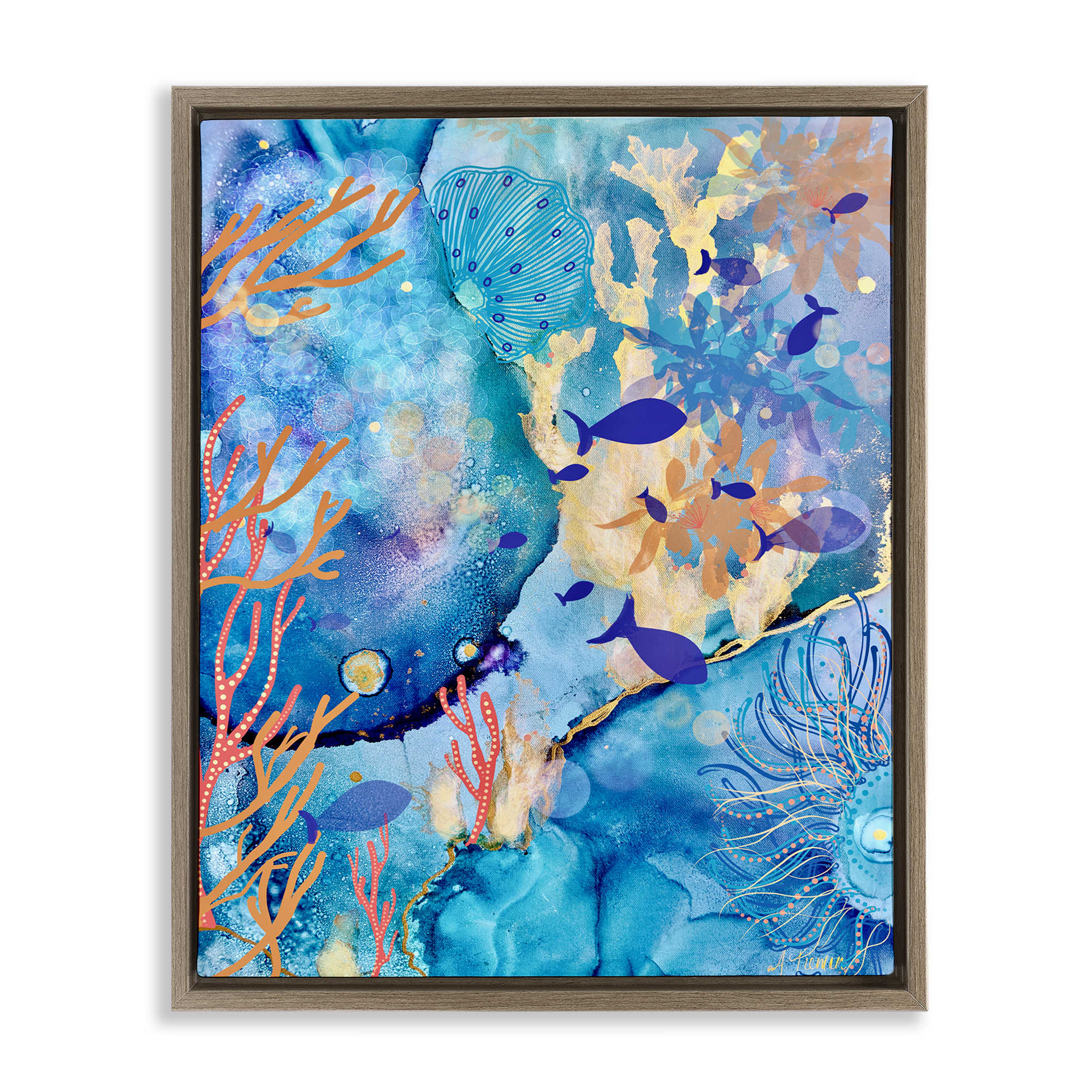 Stupell Industries BT-361-FFE-16X20 Coral and Sea Life Collage Brown Framed Floater Canvas Wall Art By Amy Tieman 17 x 21