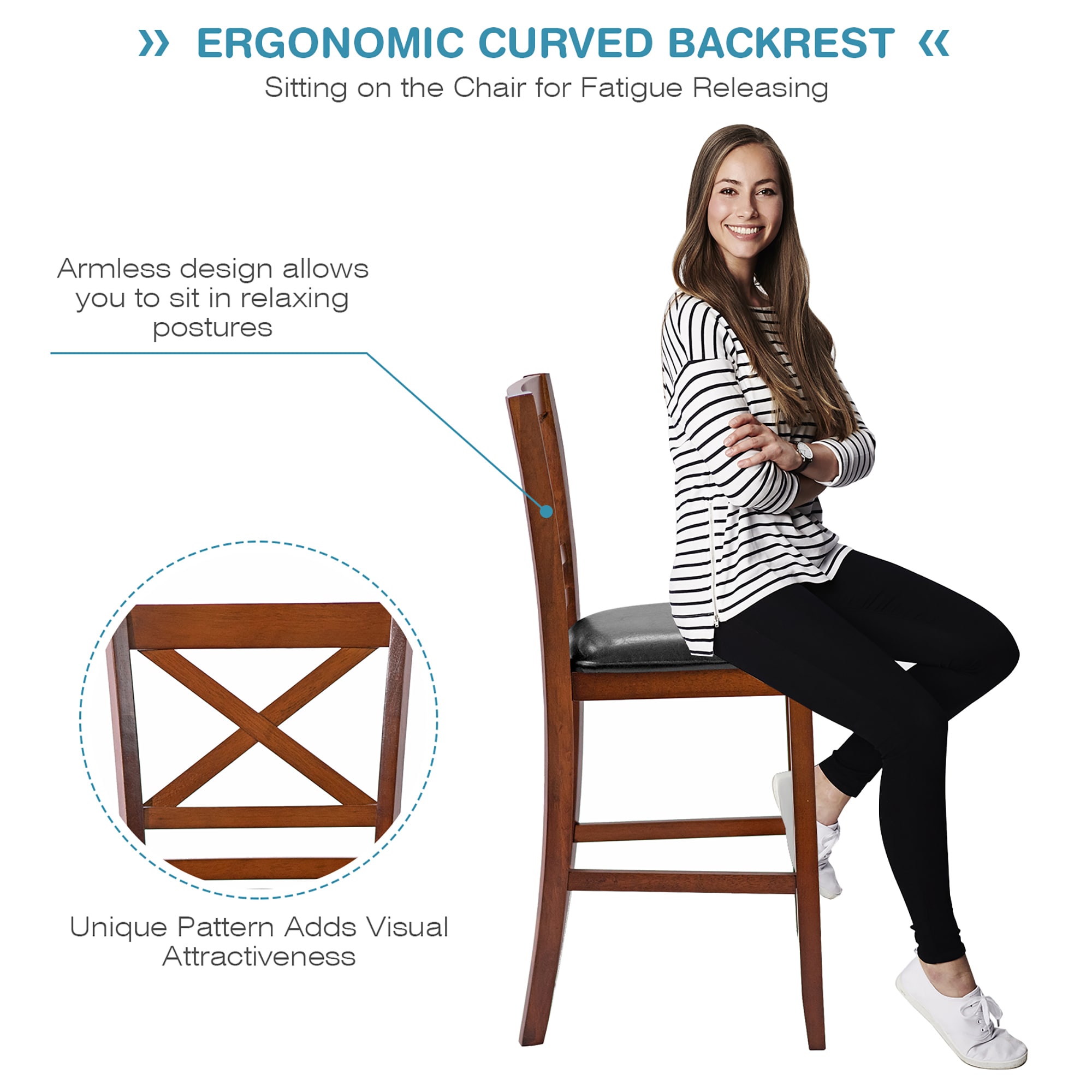 Set of 2 Walnut Wood Bar Stools with Black Leather Seat