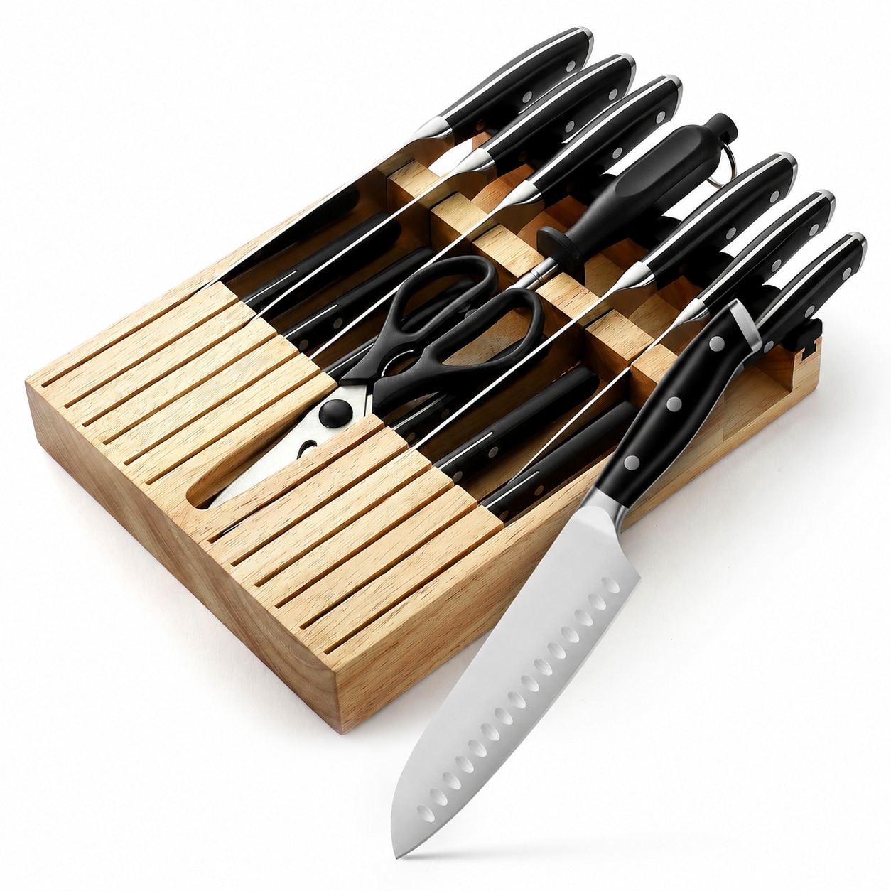 LILILIAN FMY  16 Piece Kitchen Knife Set with Drawer Organizer Sharpener Cutting Board and Steak Knives Black durable home and garden accessory