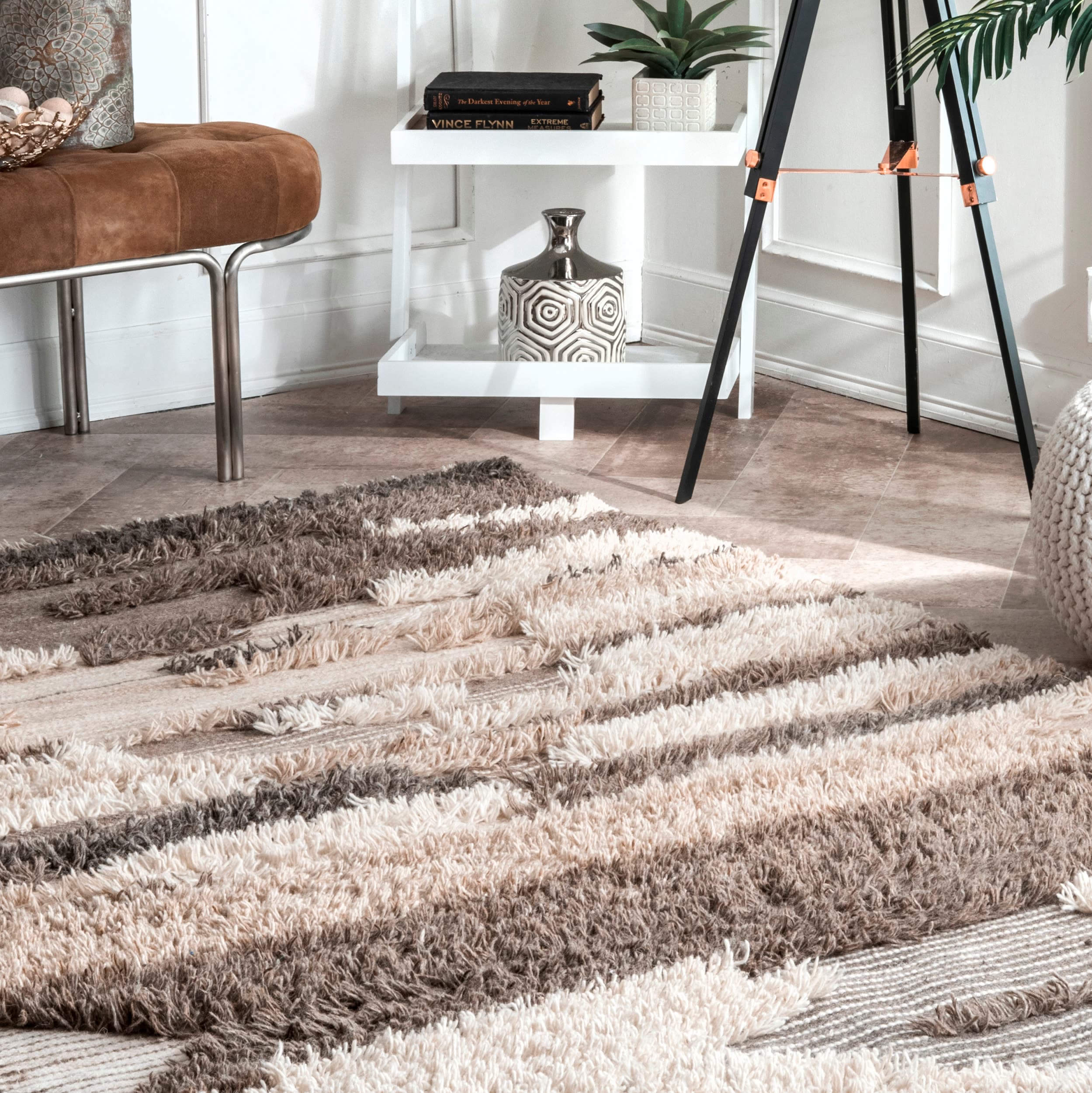 Tatanka Shag Wool Abstract Brown and Beige 4' x 6' Area Rug