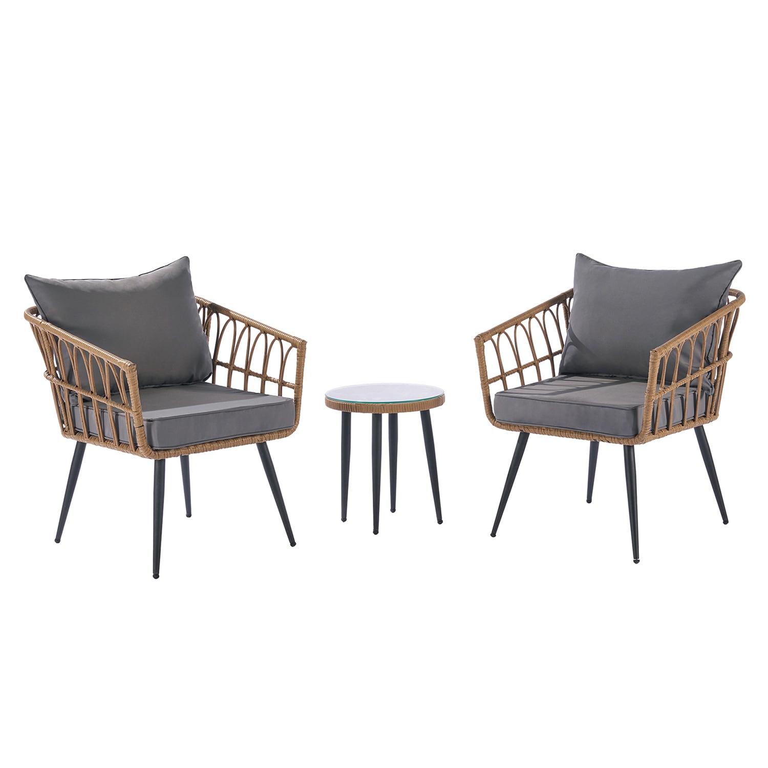 SINOFURN SYB670006GY 3 -Piece Rattan Patio Conversation Set with Gray Cushions