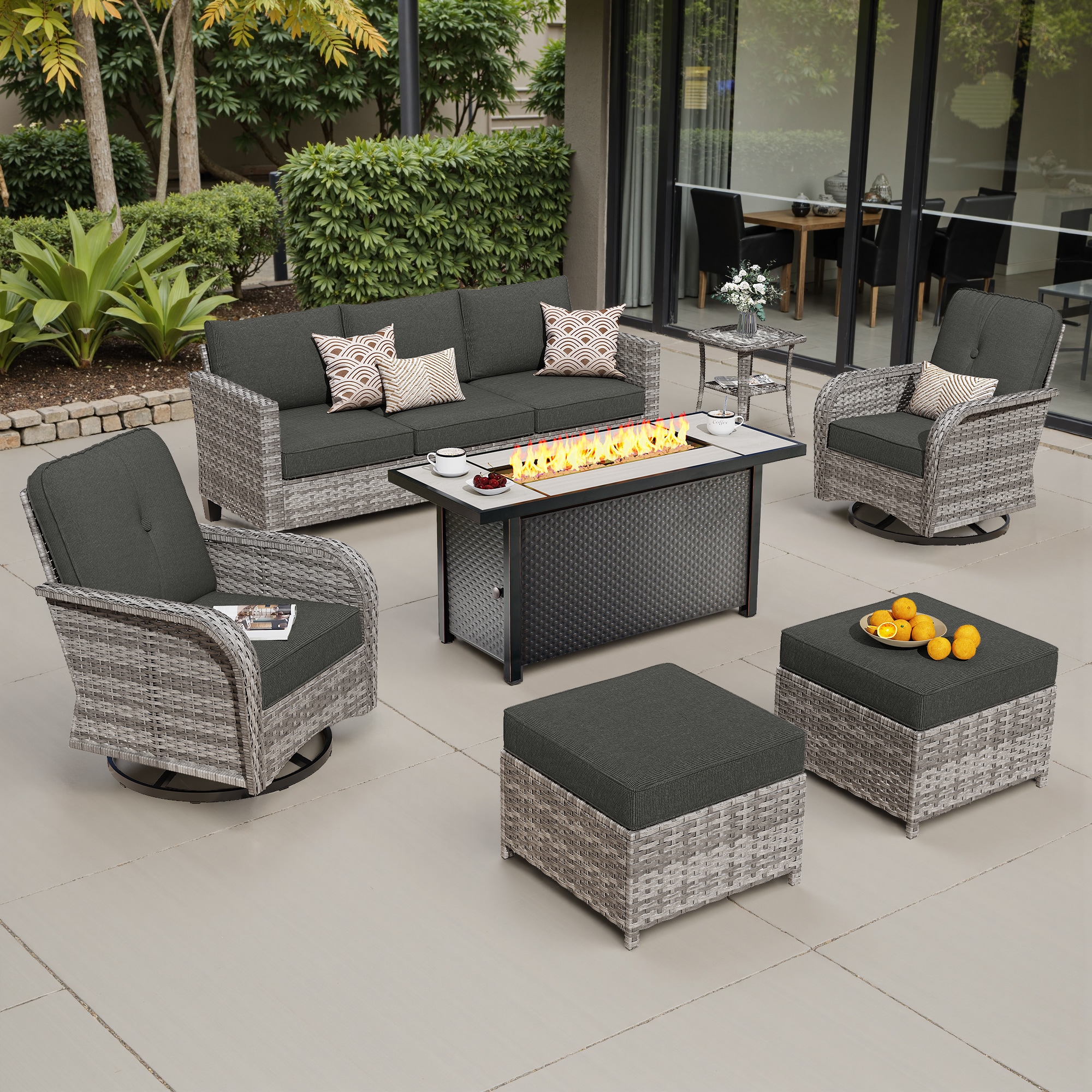 weaxty HMBCFP03YZGNCGNTC307 Initial 7 -Piece Wicker Patio Sofa Conversation Set with Black Cushions