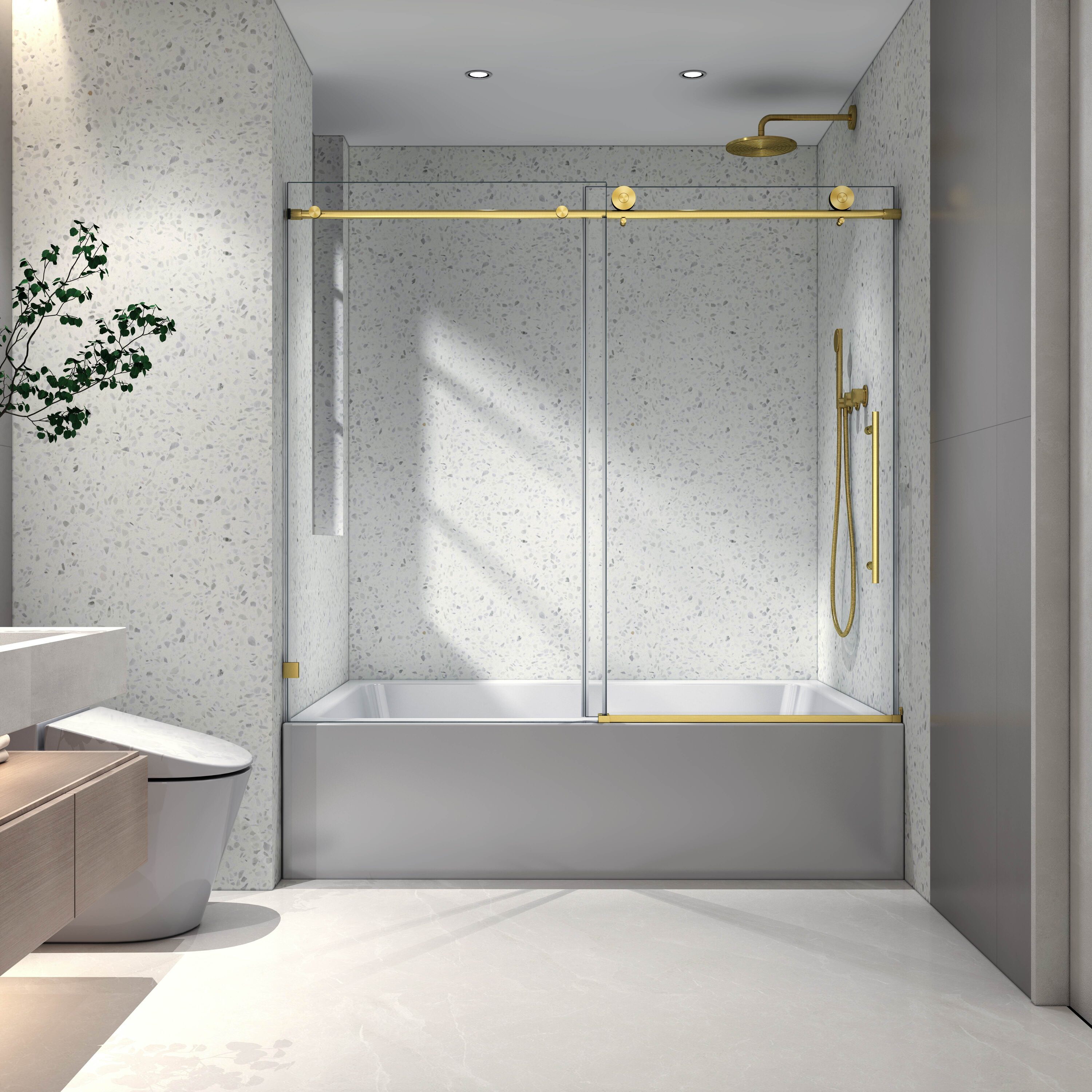 LOVMOR SF-H-W2517P304336 Brushed Gold Frameless One Fixed and One Shifted Shower Door 70MM 304 Stainless Steel Large Pulleys with Adjustable Soft Closing Function