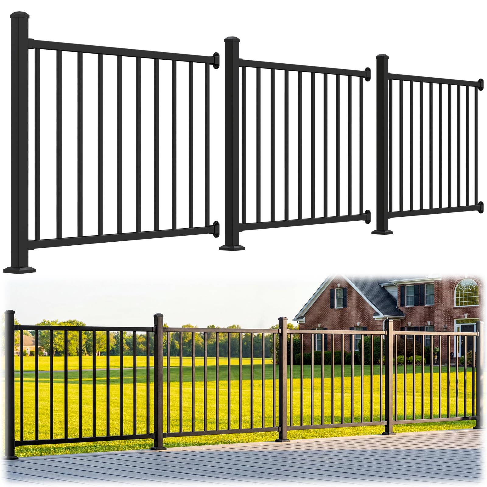 Afoxsos -  Modular 3 Pack 4ft x 36in Aluminum Deck Railing Kit with Post Textured Matte Black Fin...