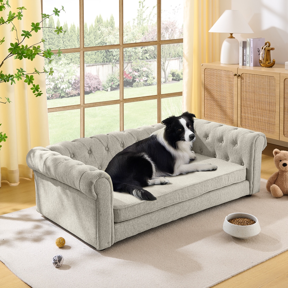 Blisstyle Elegant Rectangular Pet Bed for Big and Oversized Dogs Durable Elevated Dog Sofa Bed Comfortable Dog Sofa Modern and Fashionable Linen Fabric Dog Sofa Beige Pet Bed Furniture