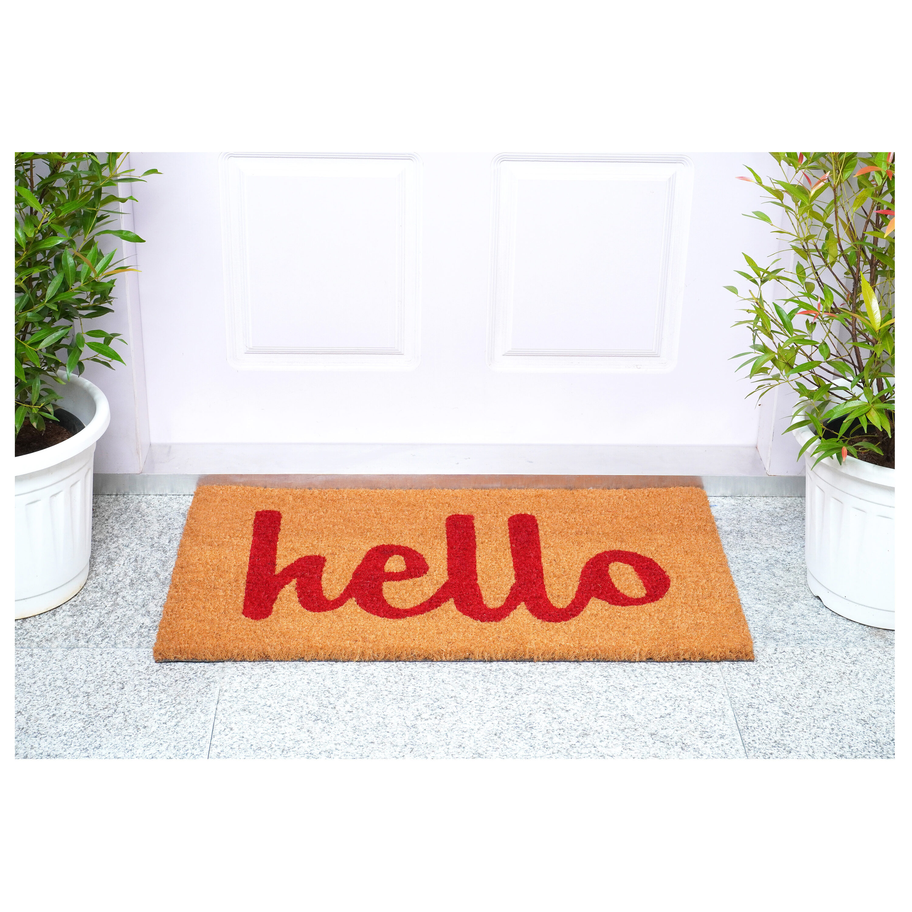 Natural Coir Red Script Hello Outdoor Doormat