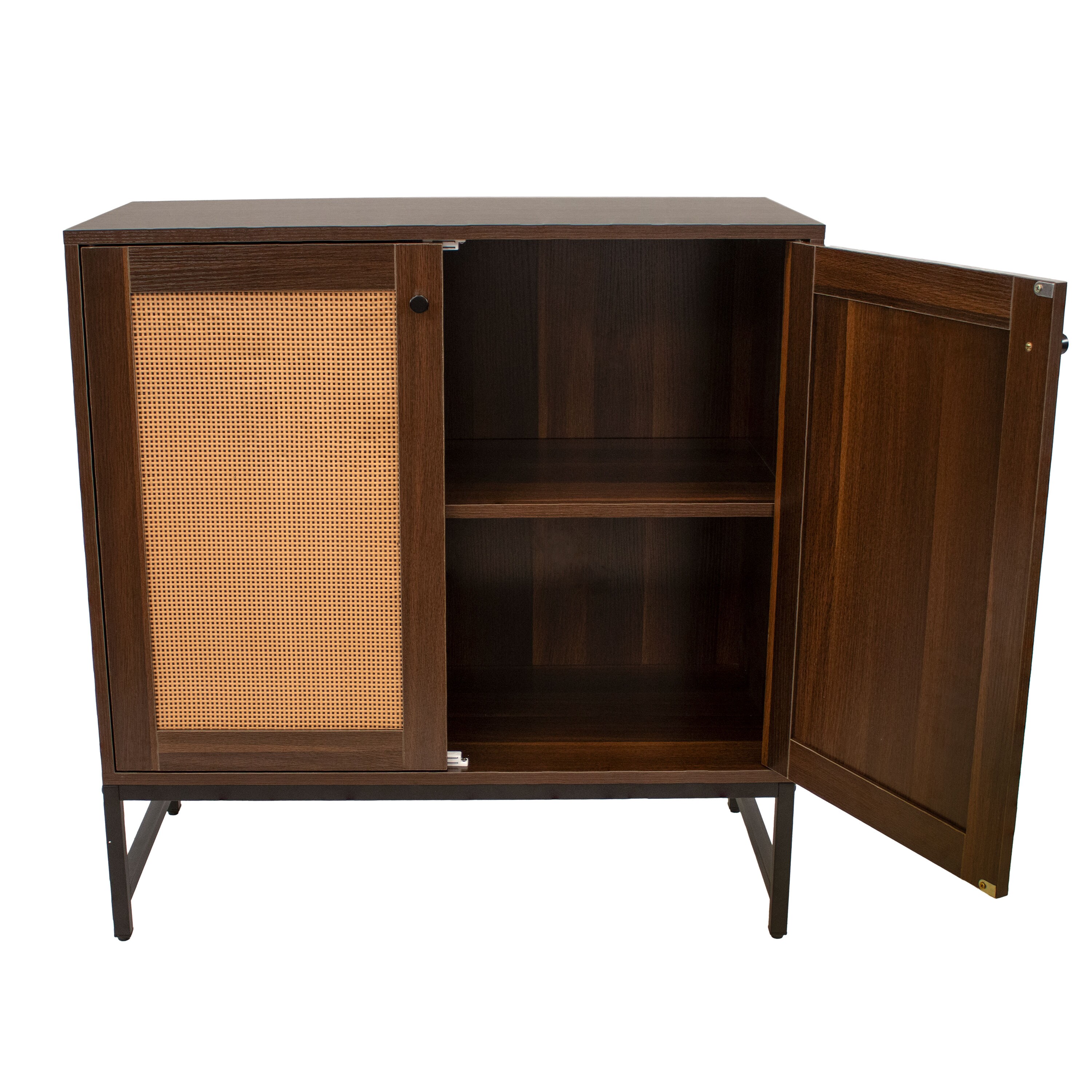 Dark Brown MDF and Rattan 2-Door Office Cabinet with Adjustable Shelving
