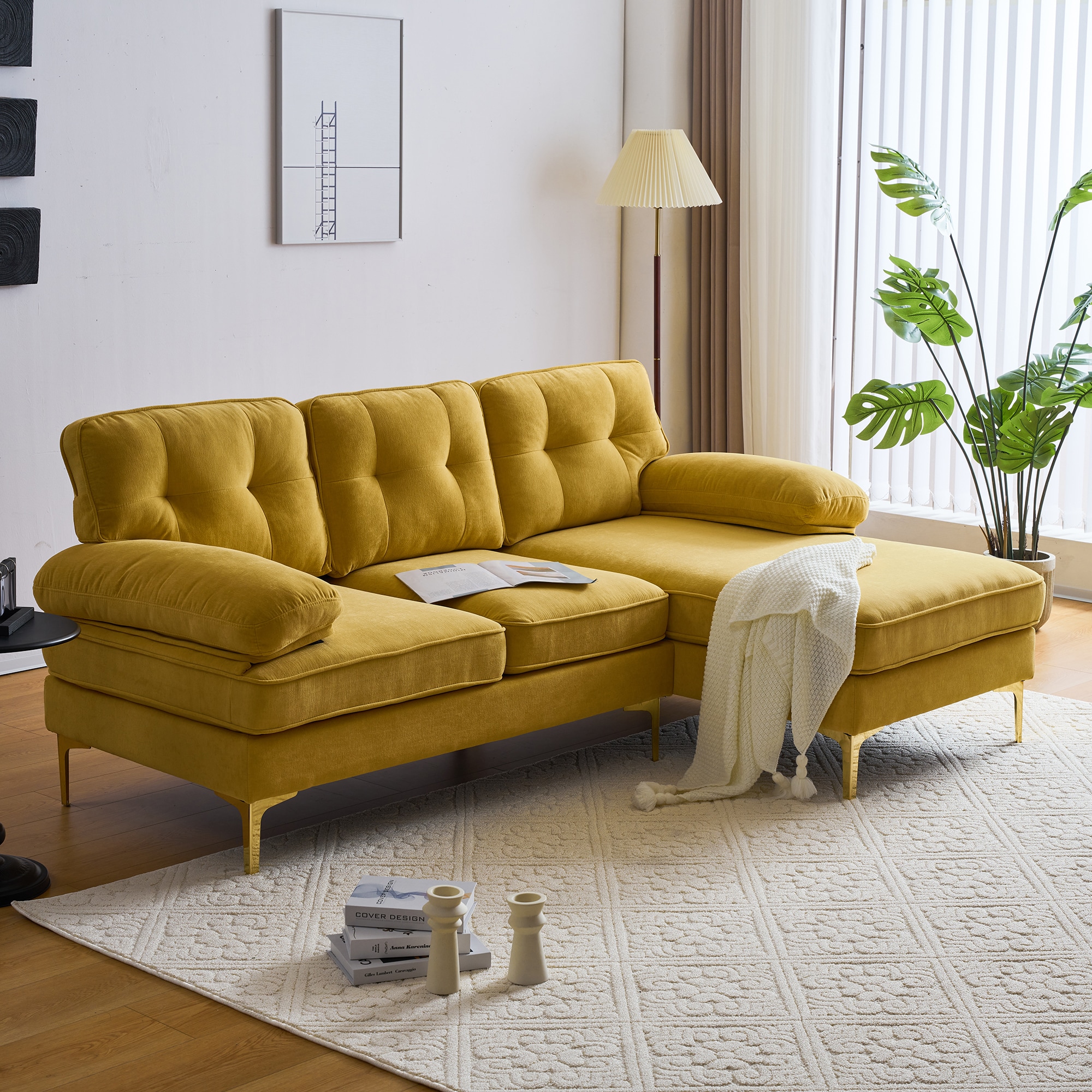 Clihome L-Shaped Sectional Sofas 83-in Modern Yellow Velvet 3-seater ...