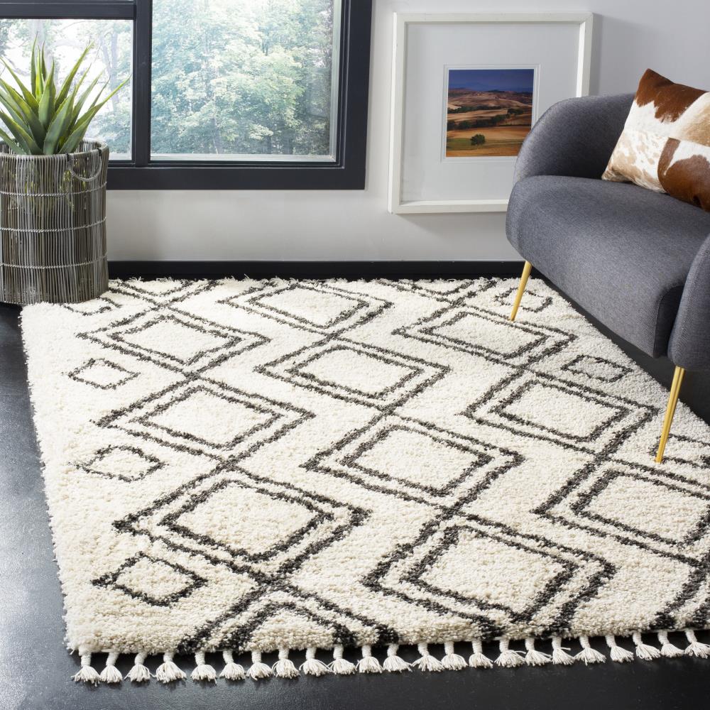 Ivory and Charcoal Geometric Shag Wool Area Rug, 4' x 6'