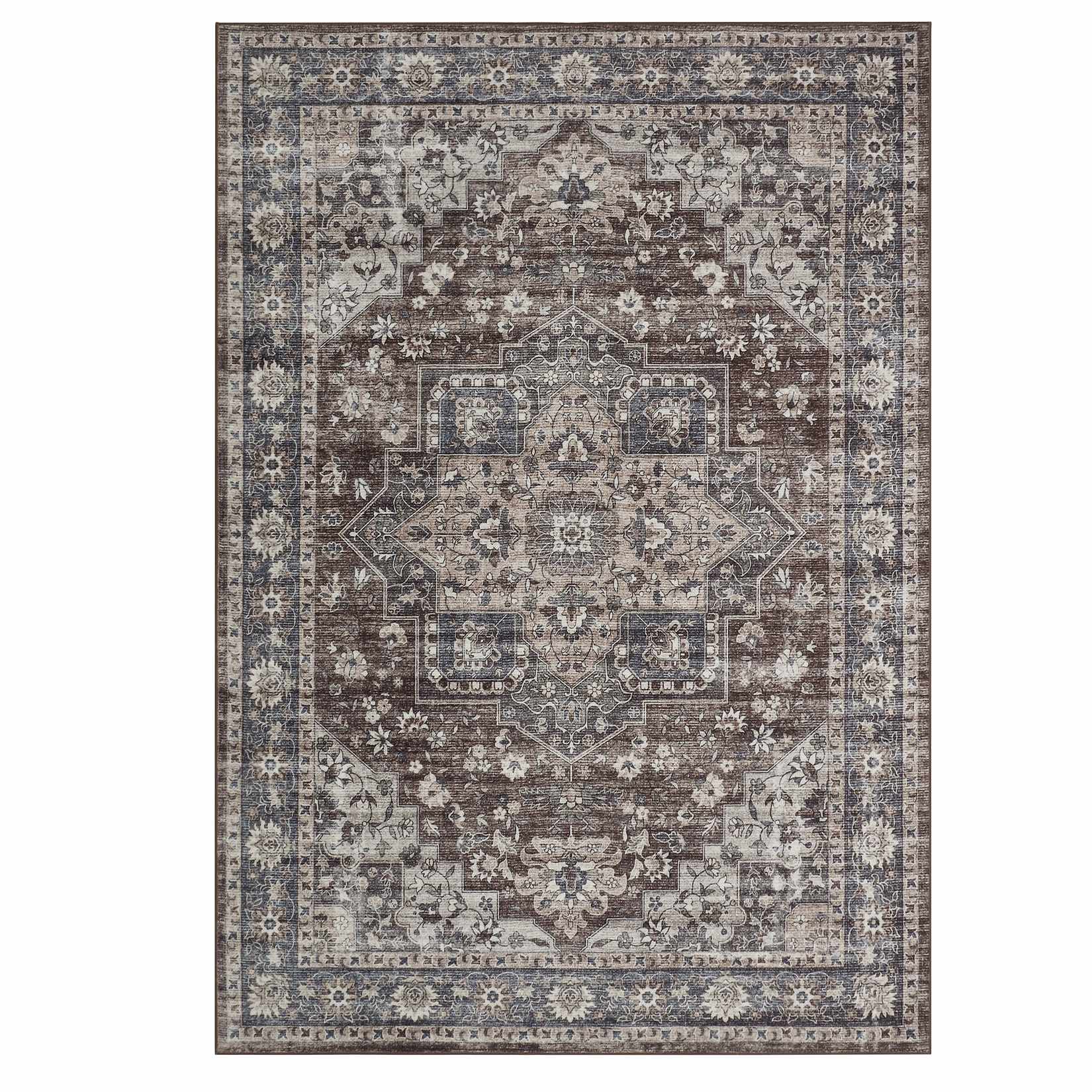 Qeetex LSN-PHO-34Q75UG4 10 x 13 ft Polyester Cashmere Imitation Red Rectangular Hallway Bathroom Entryway Kitchen Office Foldable Flower Printed Persian Washable Area Rug